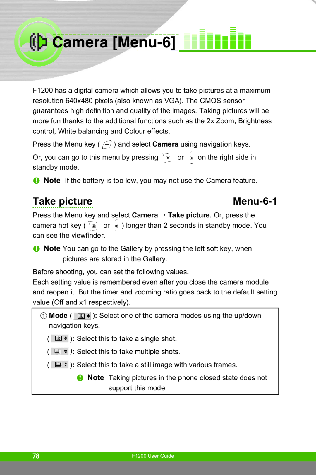 LG Electronics F1200 manual Camera Menu-6, Take picture Menu-6-1 