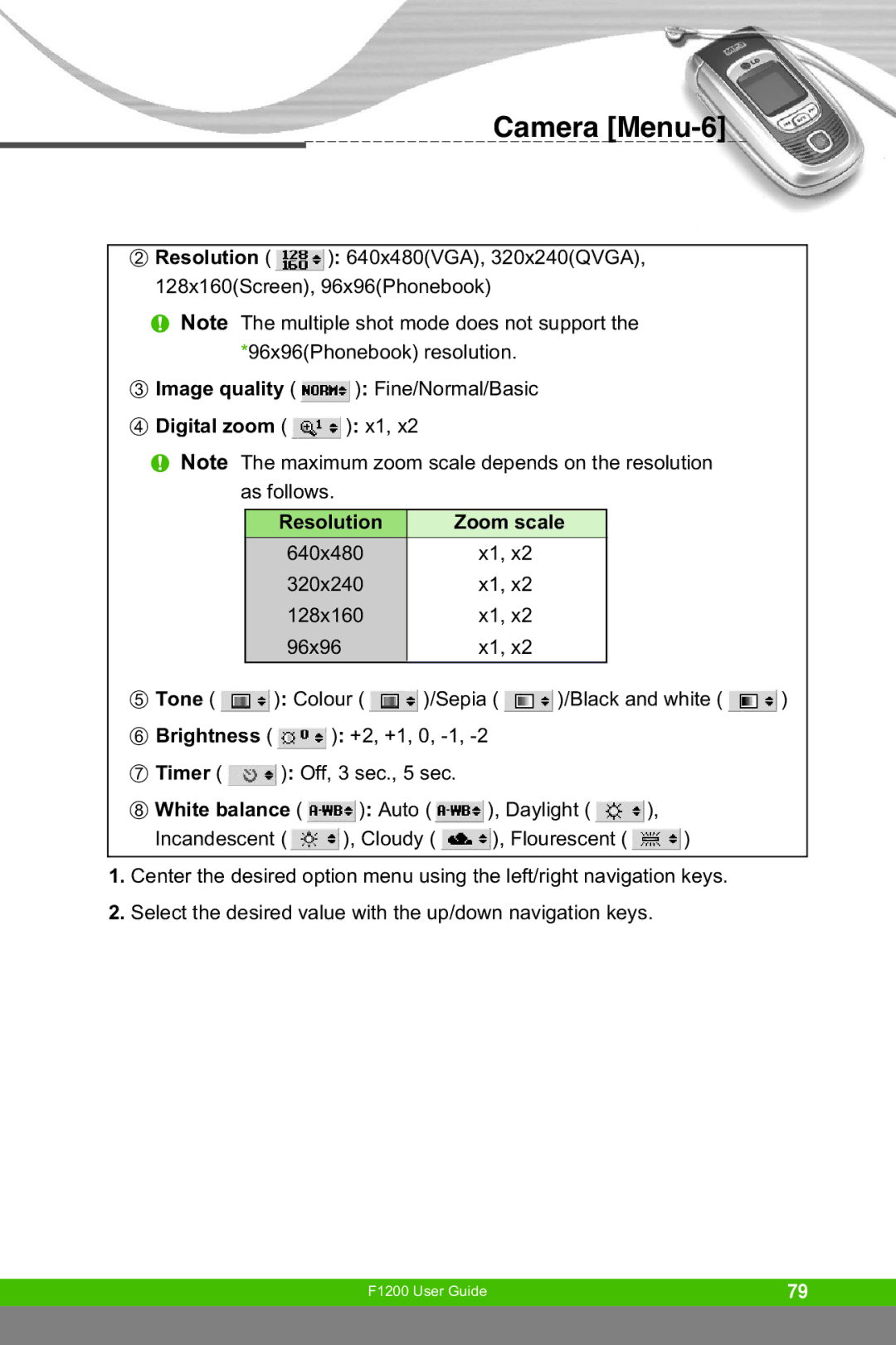 LG Electronics F1200 manual Camera Menu-6, Digital zoom x1 Resolution Zoom scale 