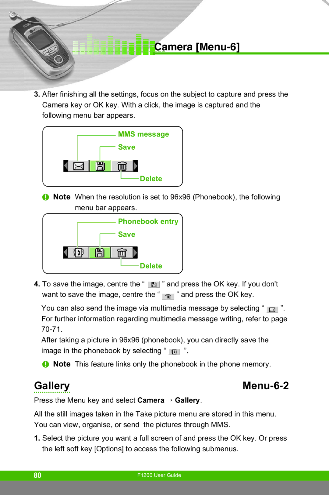LG Electronics F1200 manual Gallery Menu-6-2, MMS message Save Delete Phonebook entry 