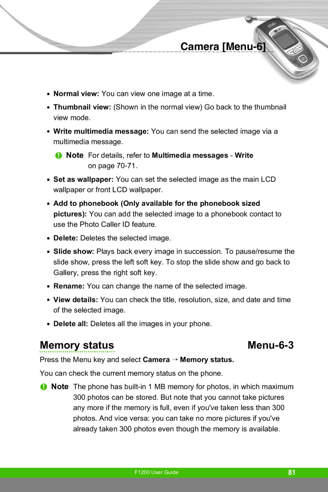 LG Electronics F1200 manual Memory status Menu-6-3 