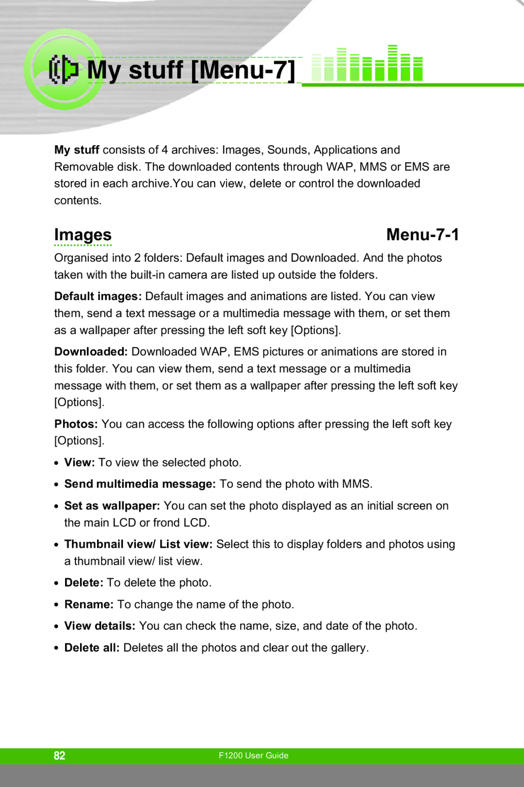 LG Electronics F1200 manual My stuff Menu-7, Images Menu-7-1 