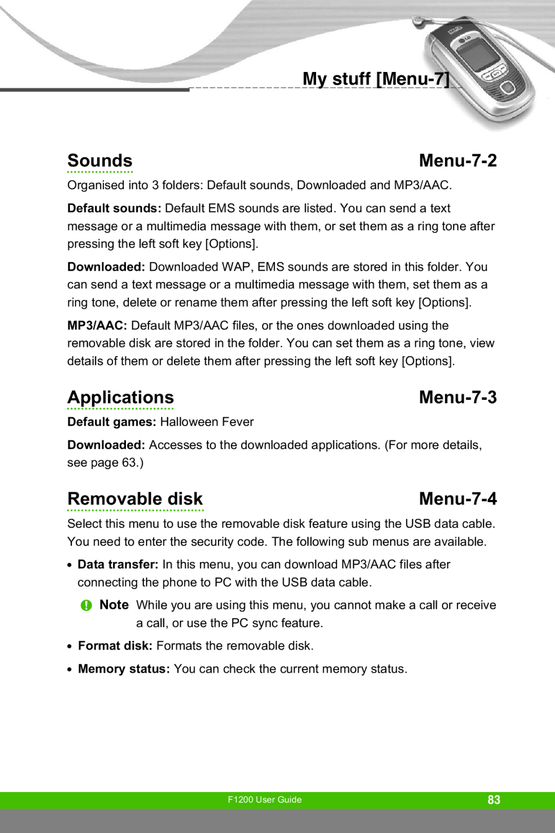 LG Electronics F1200 manual My stuff Menu-7 Sounds Menu-7-2, Applications Menu-7-3, Removable disk Menu-7-4 