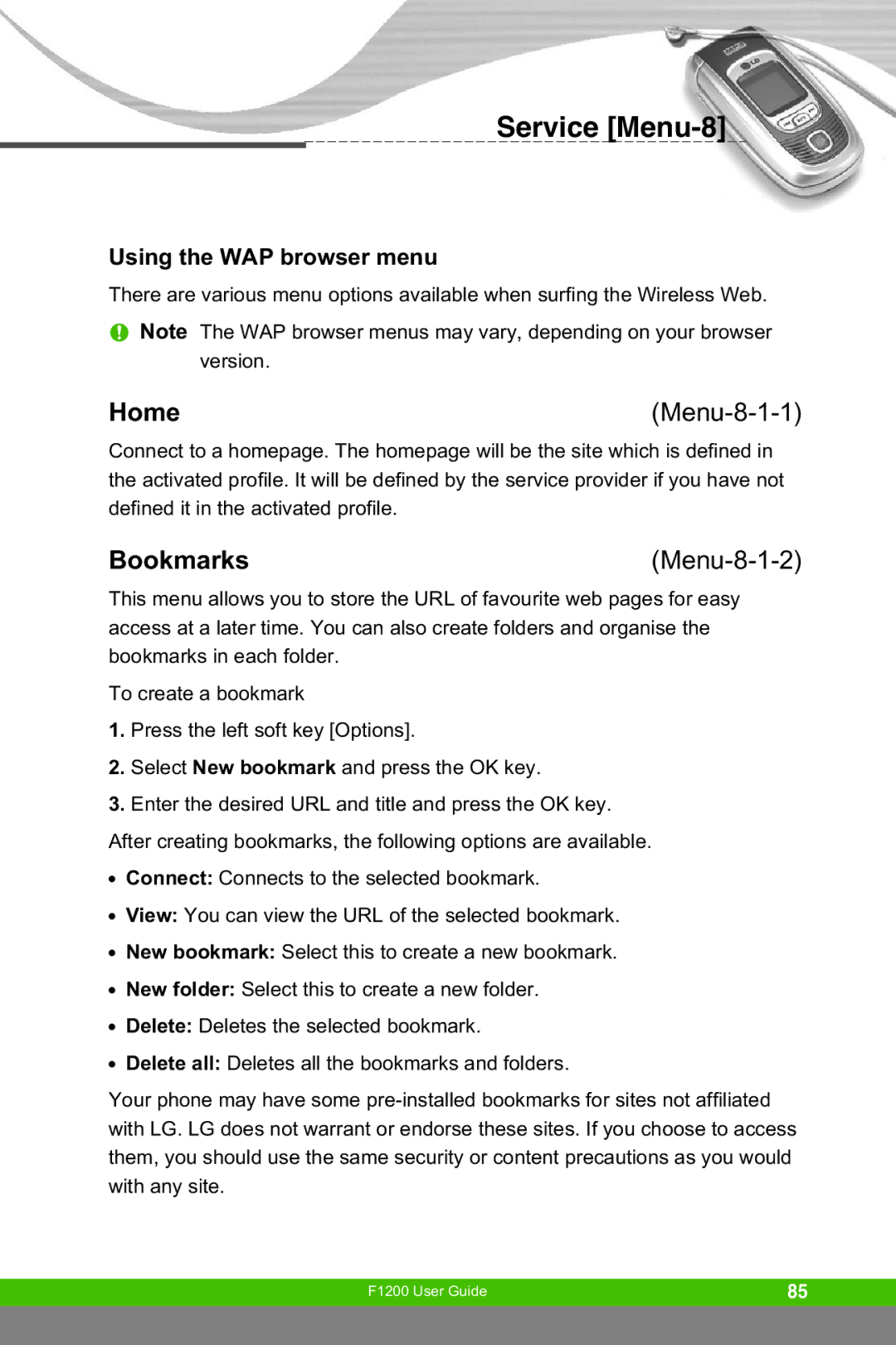 LG Electronics F1200 manual Service Menu-8, Home, Bookmarks, Menu-8-1-1, Menu-8-1-2 