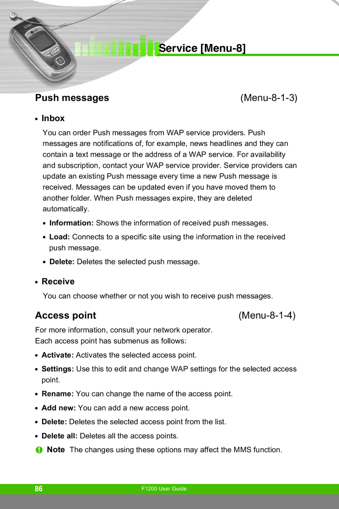 LG Electronics F1200 manual Push messages, Menu-8-1-3, Menu-8-1-4 