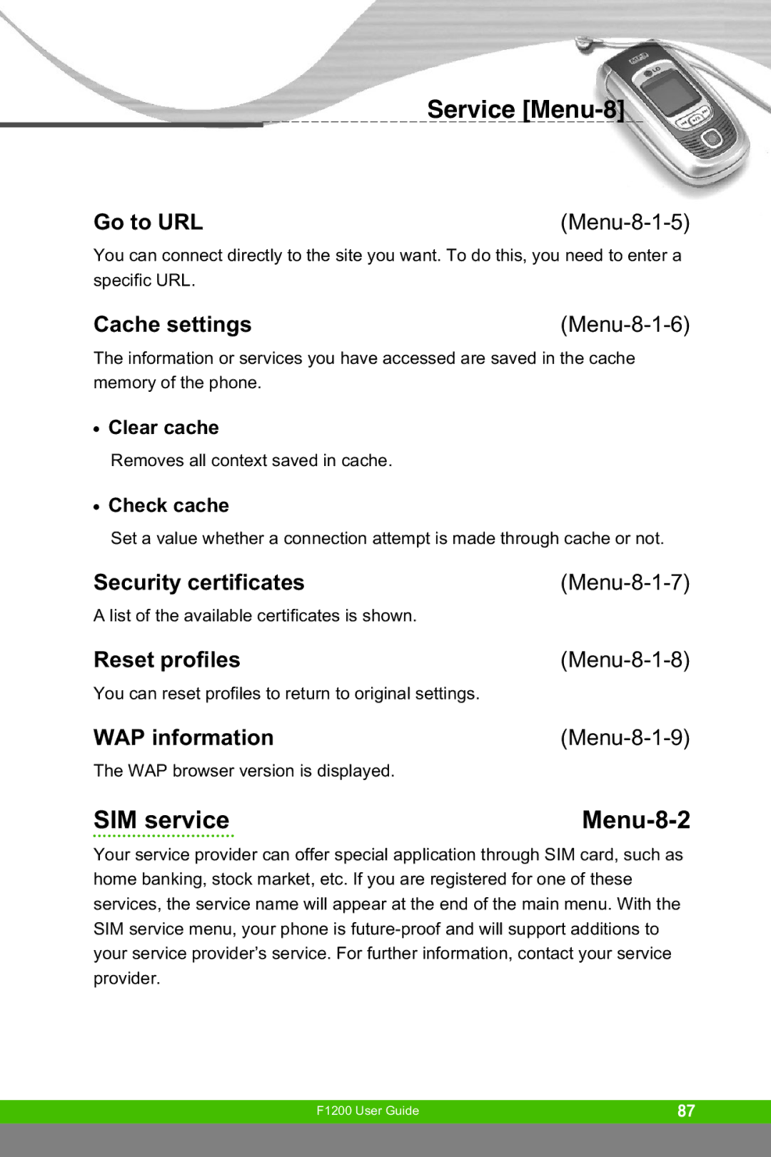 LG Electronics F1200 manual SIM service Menu-8-2, Go to URL, Cache settings, Security certificates, Reset profiles 