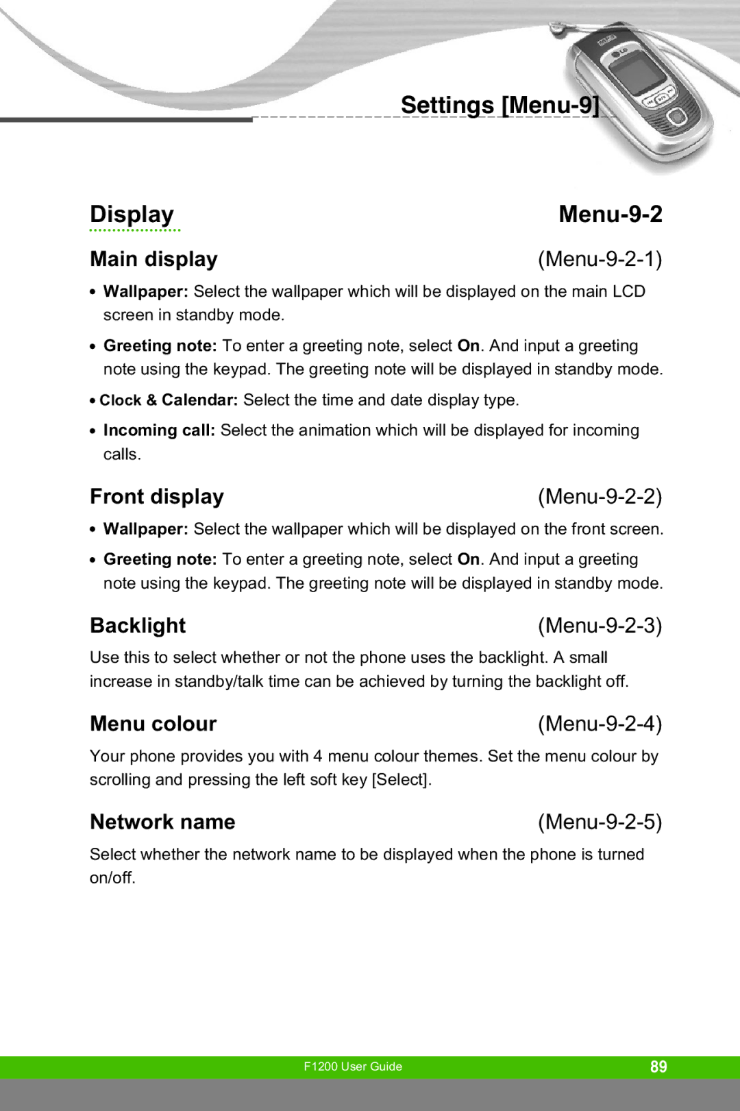 LG Electronics F1200 manual Settings Menu-9, Display Menu-9-2 