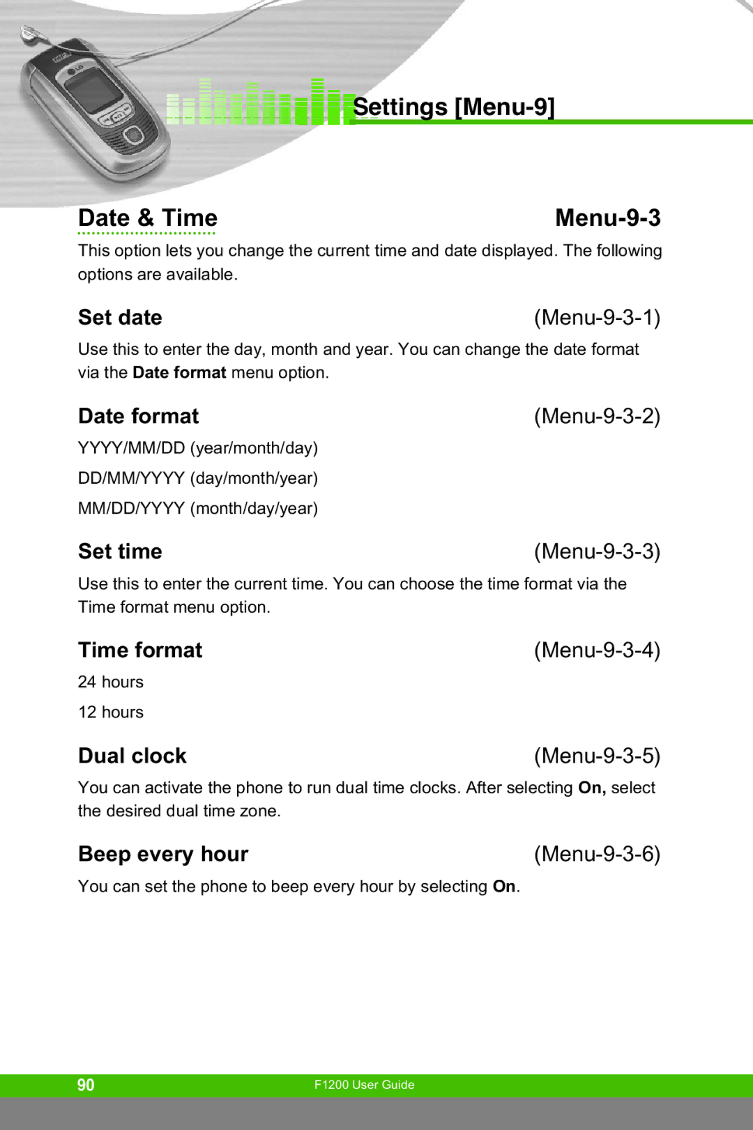 LG Electronics F1200 manual Settings Menu-9 Date & Time Menu-9-3 