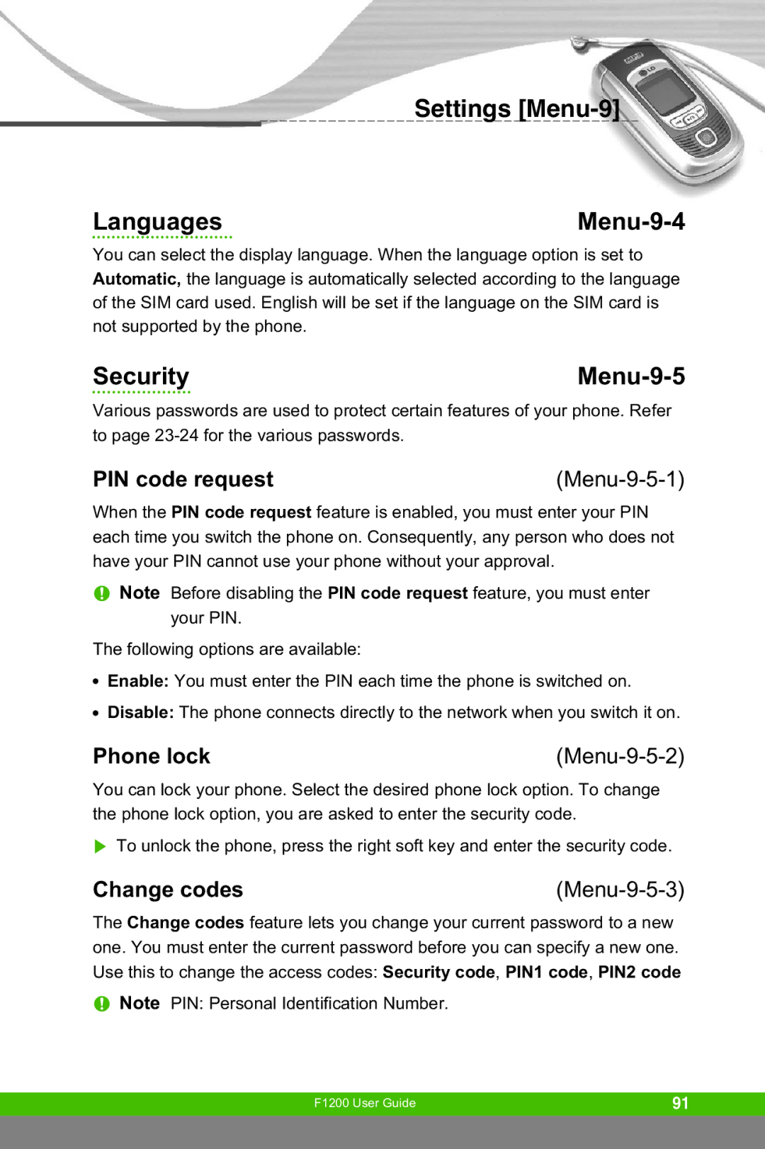 LG Electronics F1200 Settings Menu-9 Languages Menu-9-4, Security Menu-9-5, PIN code request, Phone lock, Change codes 