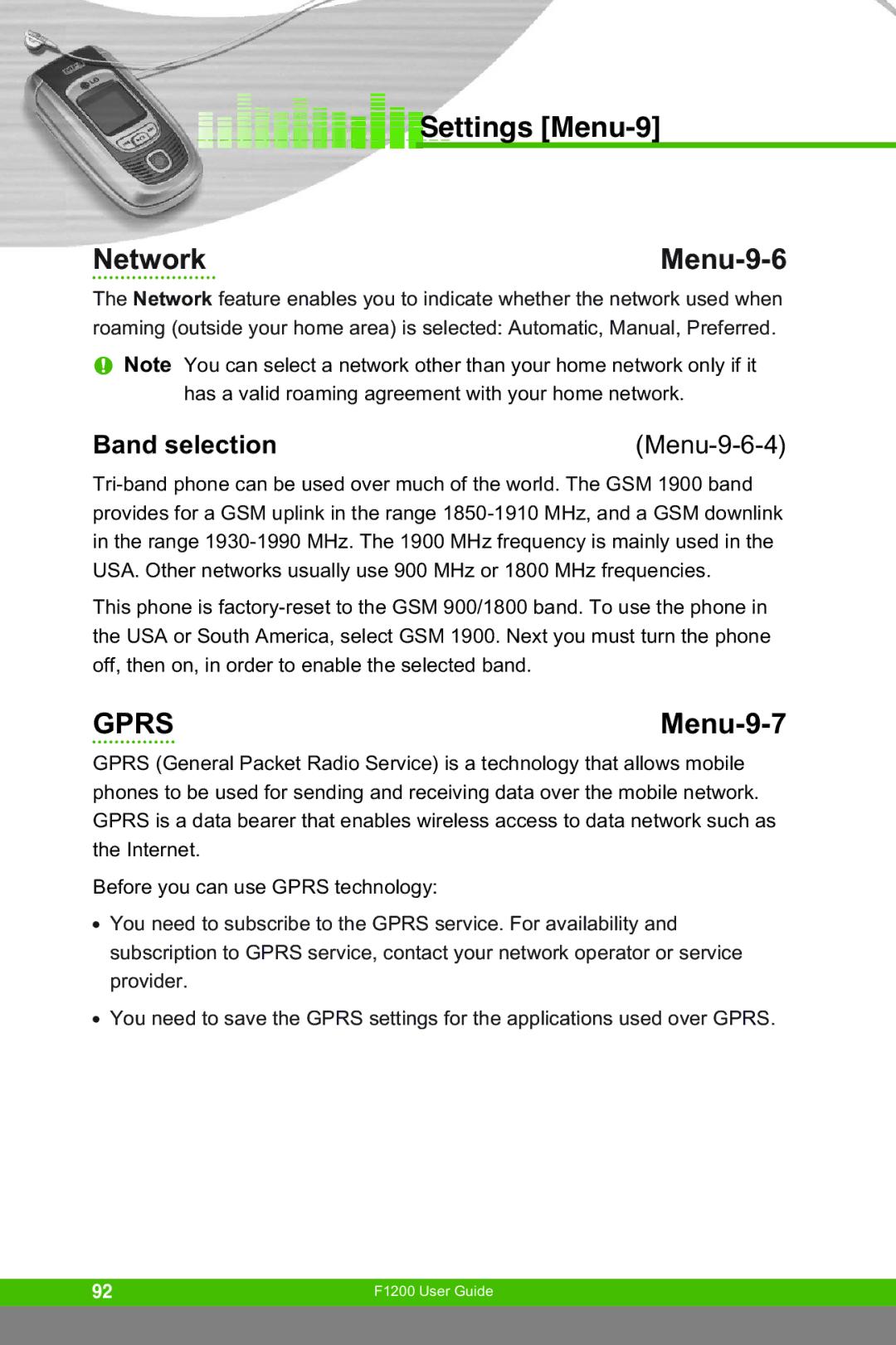 LG Electronics F1200 manual Settings Menu-9 Network Menu-9-6, Menu-9-7, Band selection, Menu-9-6-4 