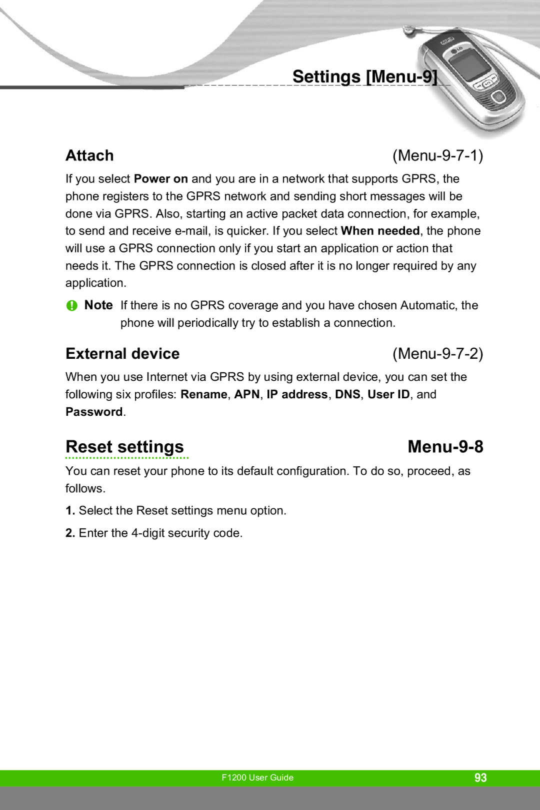 LG Electronics F1200 manual Reset settings Menu-9-8, Attach, Menu-9-7-1, Menu-9-7-2 