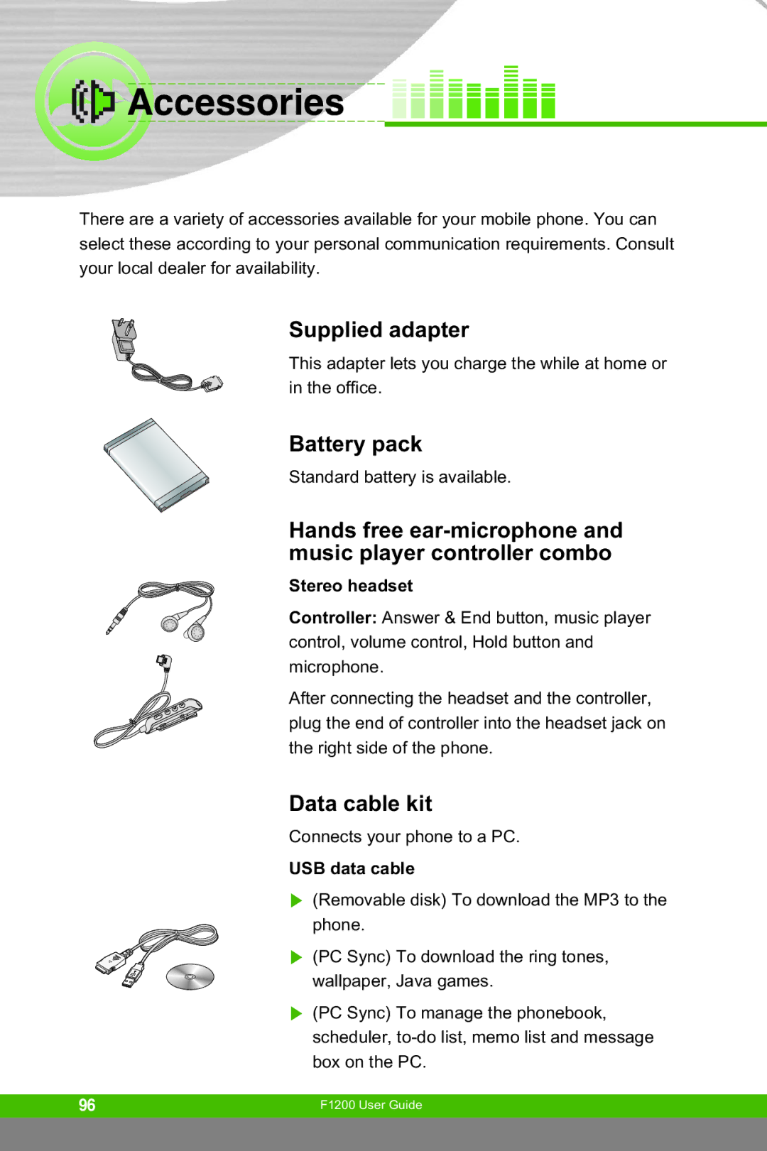 LG Electronics F1200 manual Accessories, Supplied adapter, Battery pack, Data cable kit 