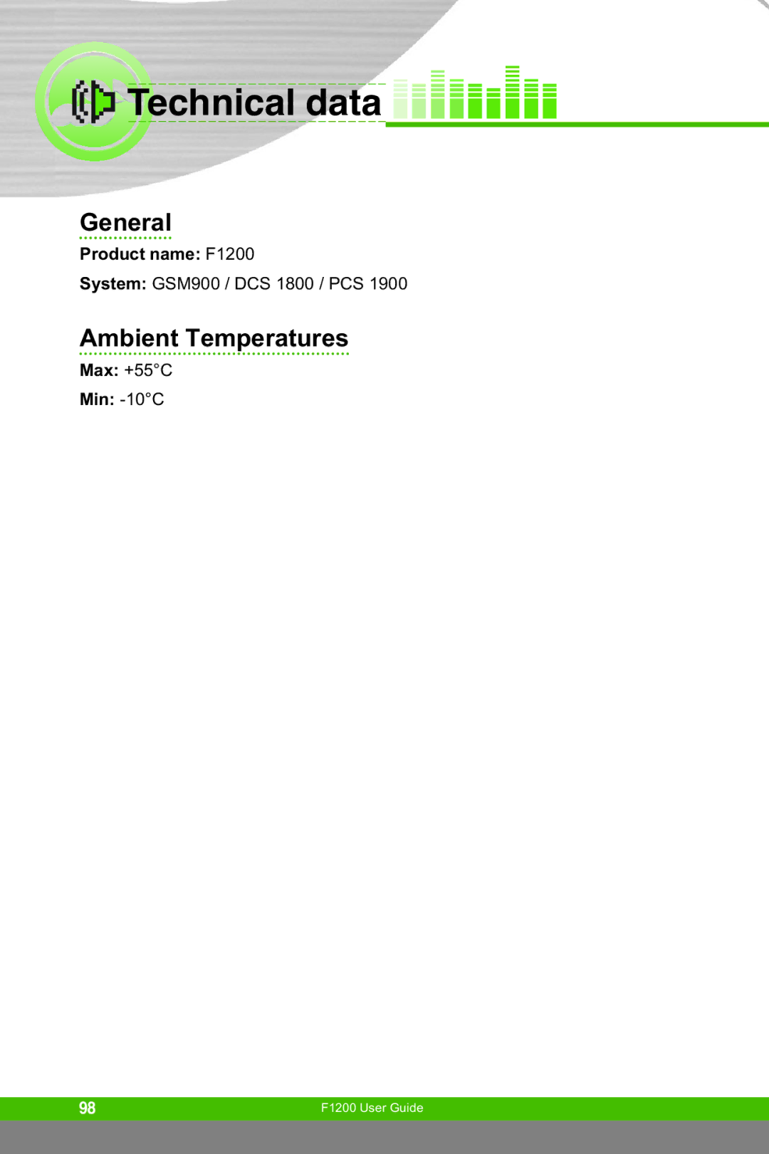 LG Electronics manual Technical data, General, Ambient Temperatures, Product name F1200, Max +55C Min -10C 