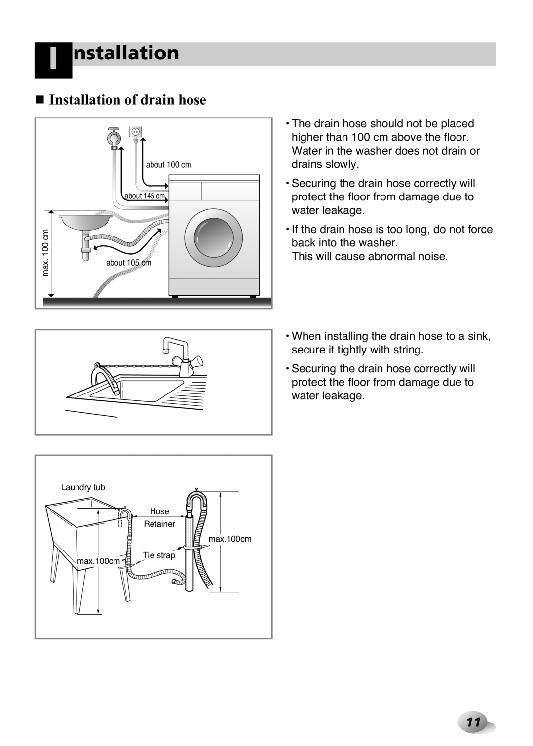 LG Electronics F1443KDS owner manual Installation of drain hose 