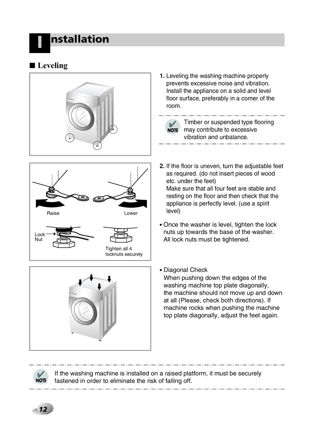 LG Electronics F1443KDS owner manual Leveling 