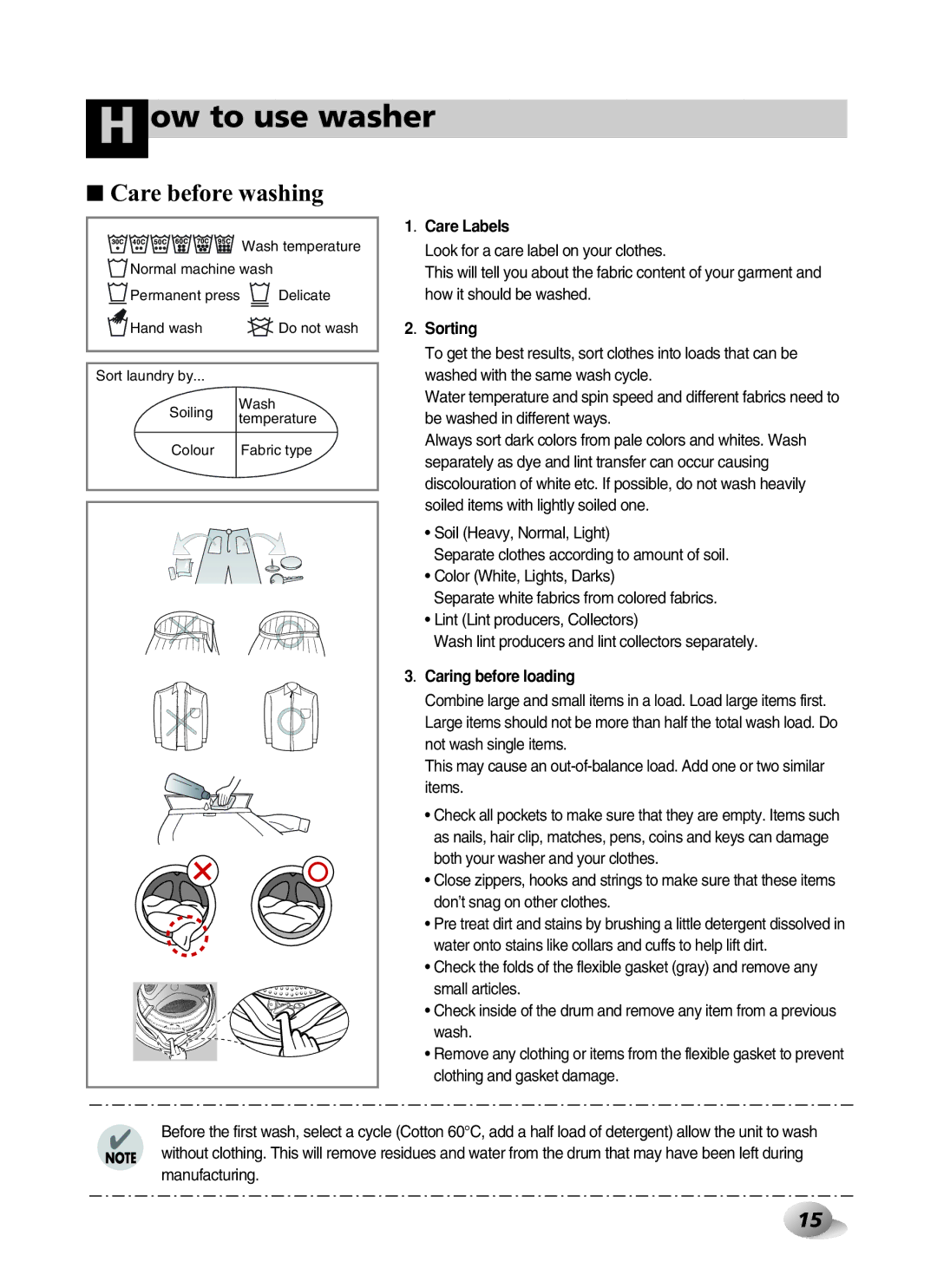 LG Electronics F1443KDS owner manual Care before washing, Care Labels, Sorting, Caring before loading 