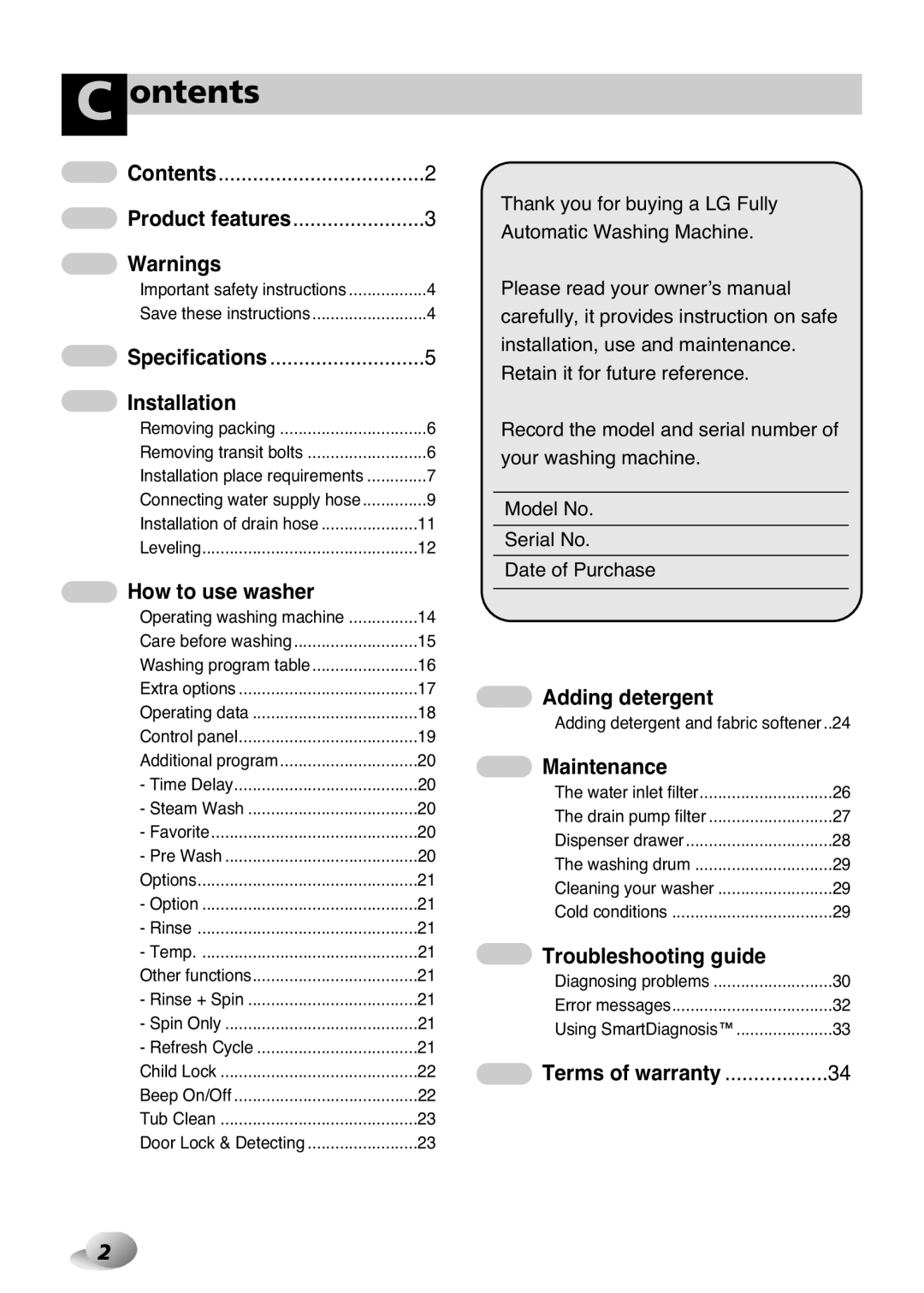 LG Electronics F1443KDS owner manual Ontents, Contents Product features, Specifications, Terms of warranty 