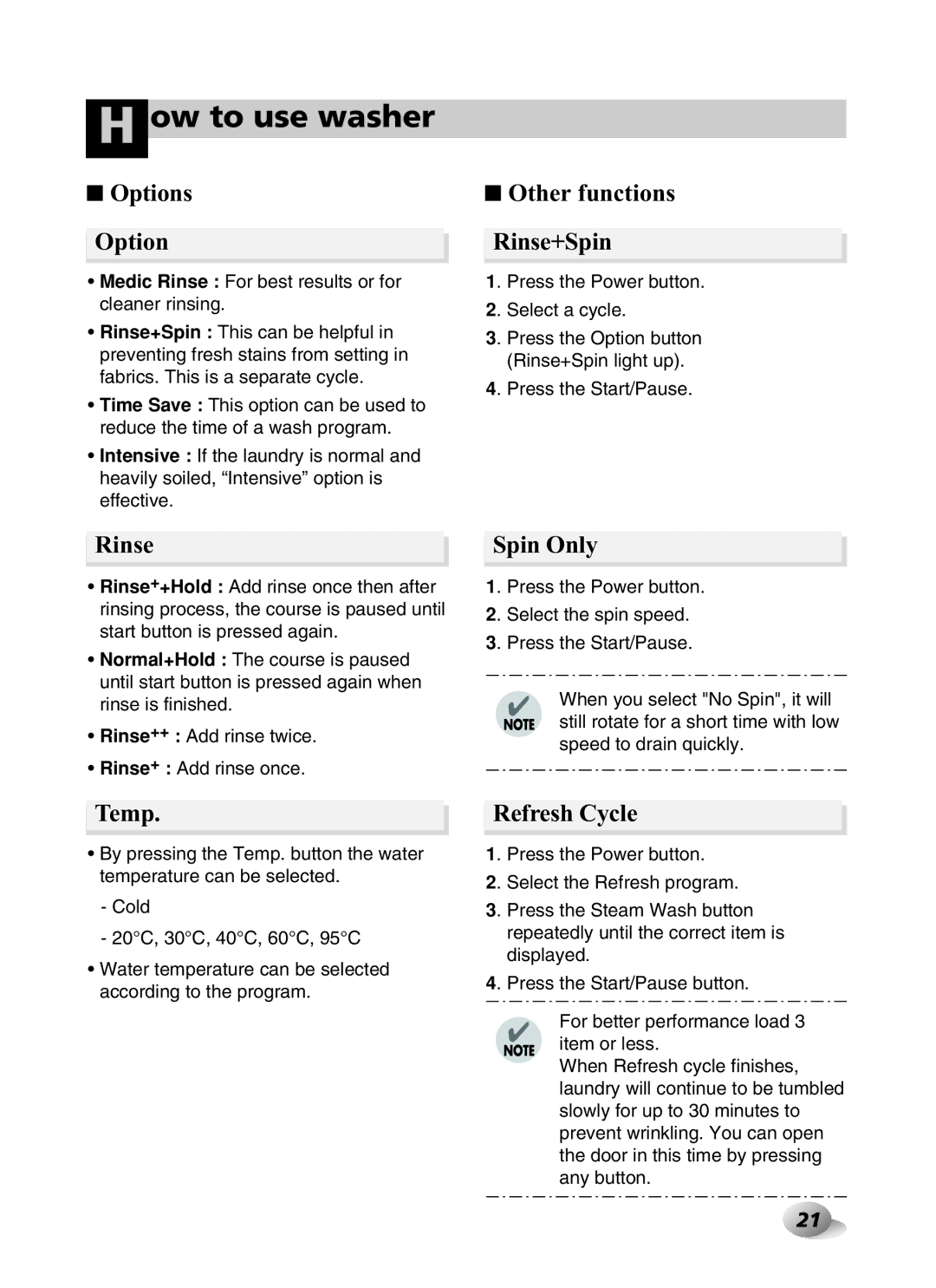 LG Electronics F1443KDS owner manual Other functions Rinse+Spin, Spin Only, Temp, Refresh Cycle 