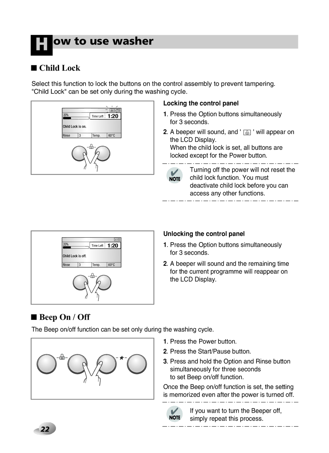 LG Electronics F1443KDS owner manual Child Lock, Beep On / Off, Locking the control panel, Unlocking the control panel 