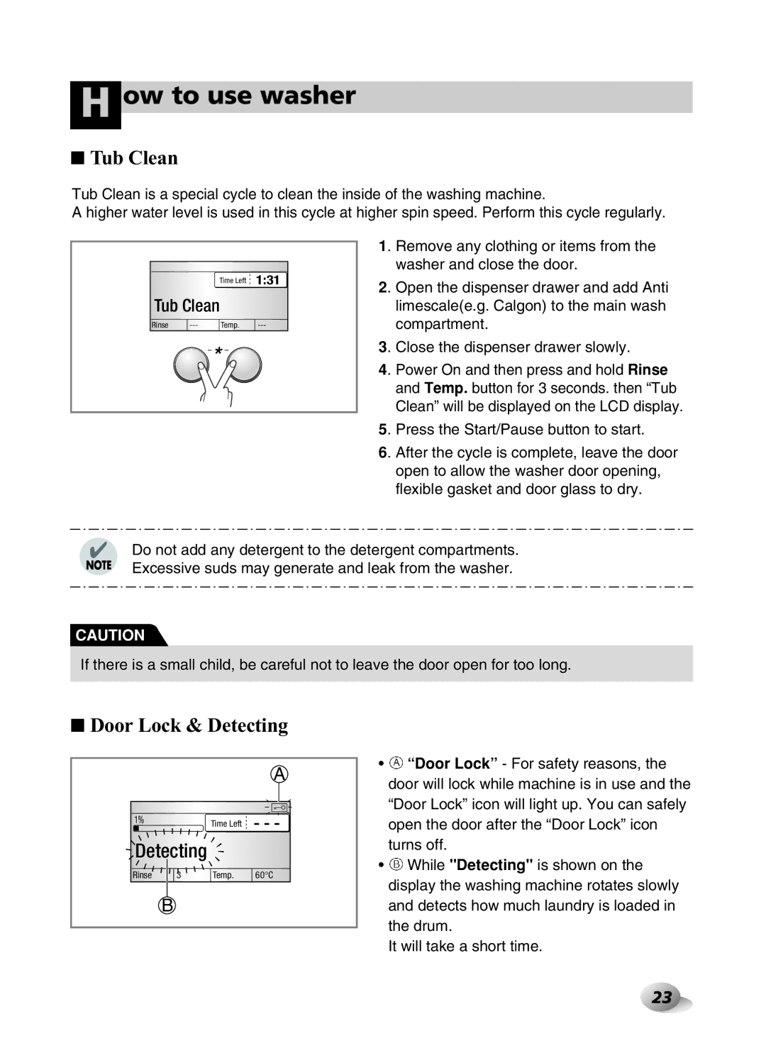 LG Electronics F1443KDS owner manual Tub Clean, Door Lock & Detecting 