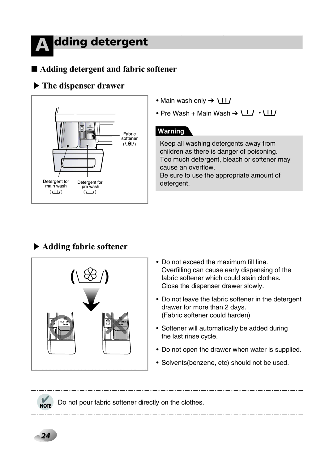 LG Electronics F1443KD Dding detergent, Adding detergent and fabric softener The dispenser drawer, Adding fabric softener 