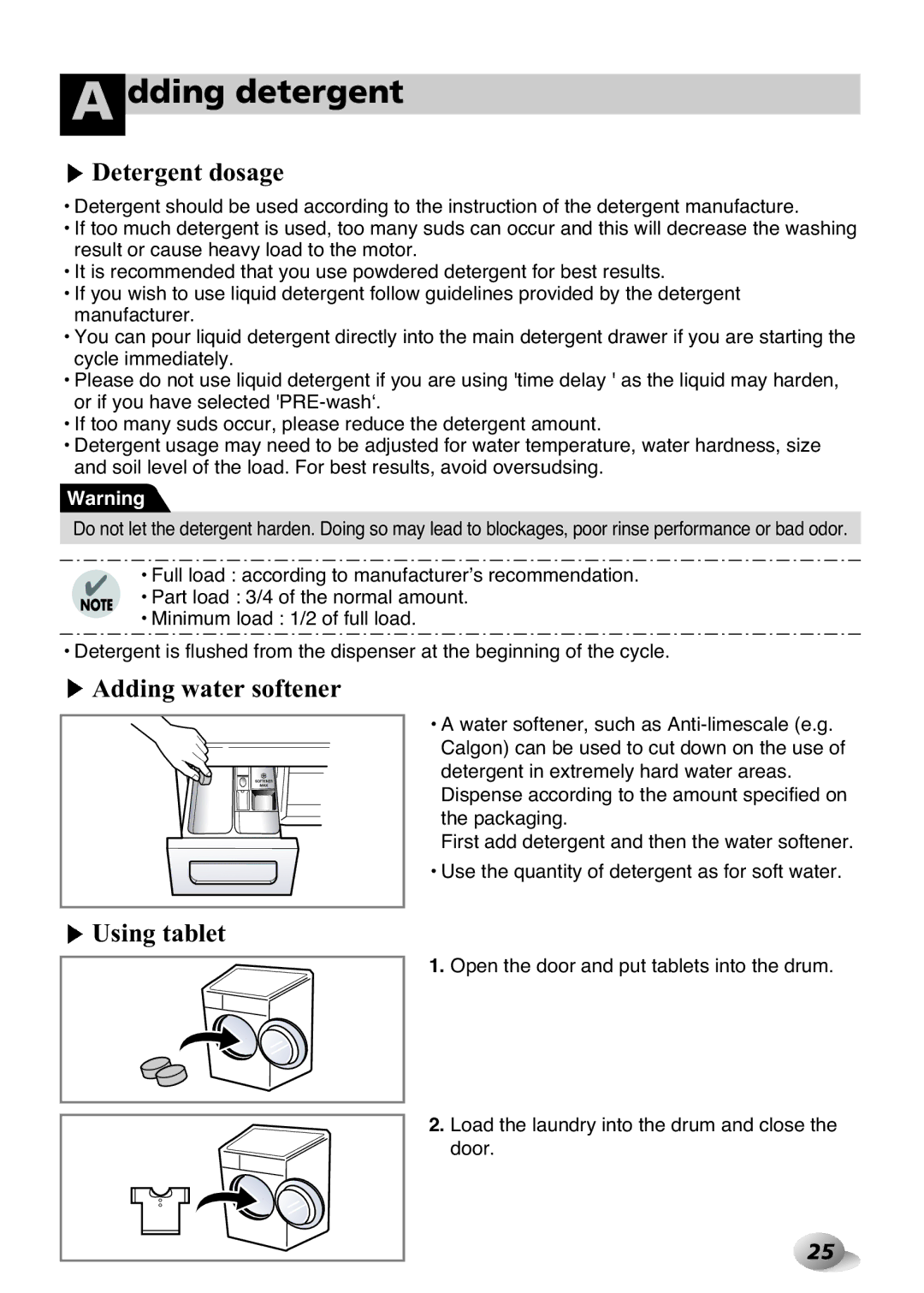 LG Electronics F1443KDS owner manual Detergent dosage, Adding water softener, Using tablet 