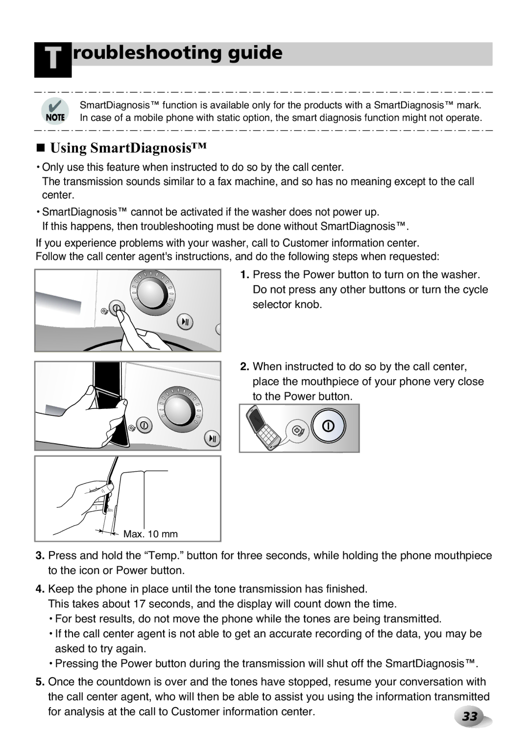 LG Electronics F1443KDS owner manual Using SmartDiagnosis, For analysis at the call to Customer information center 