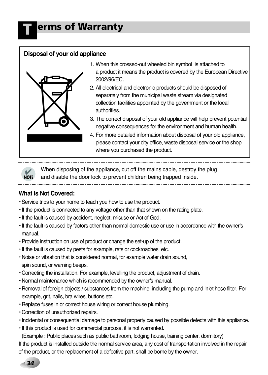 LG Electronics F1443KDS owner manual Erms of Warranty, When this crossed-out wheeled bin symbol is attached to 