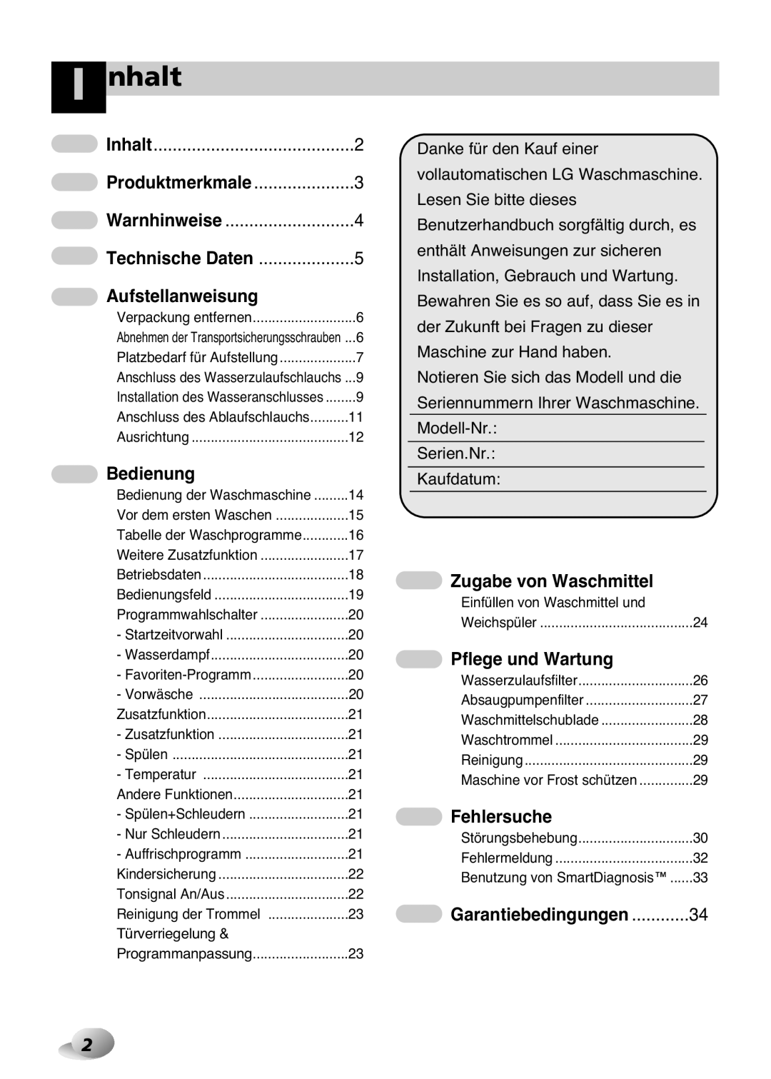 LG Electronics F1443KD Nhalt, Inhalt Produktmerkmale Warnhinweise Technische Daten, Modell-Nr Serien.Nr Kaufdatum 