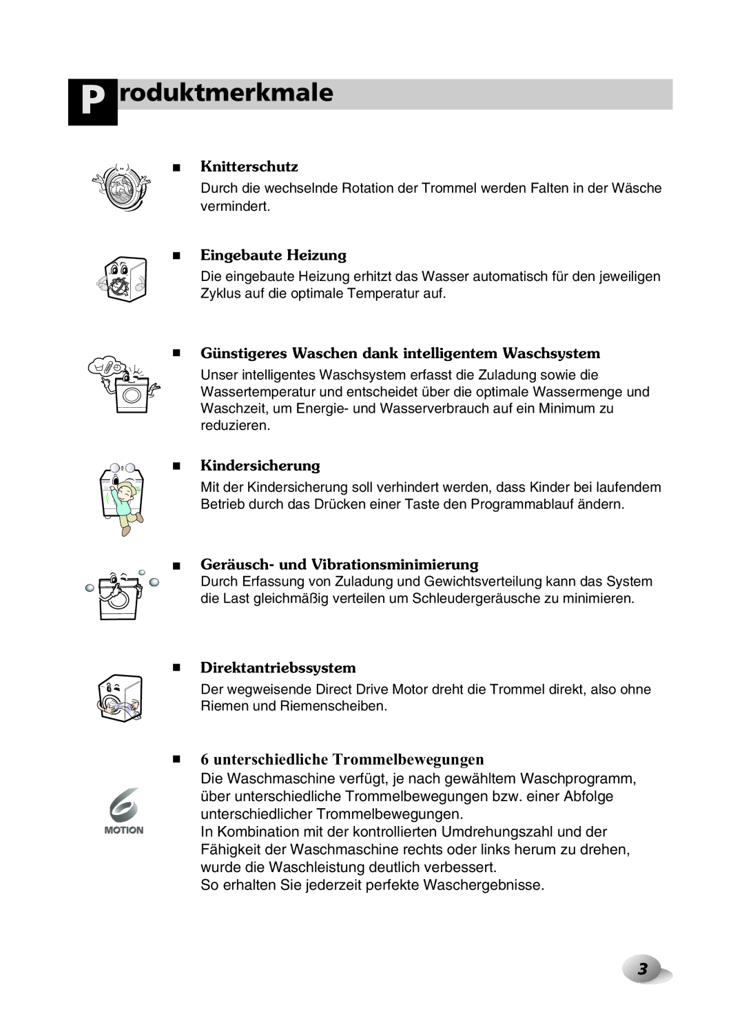 LG Electronics F1443KDS owner manual Roduktmerkmale, Eingebaute Heizung 