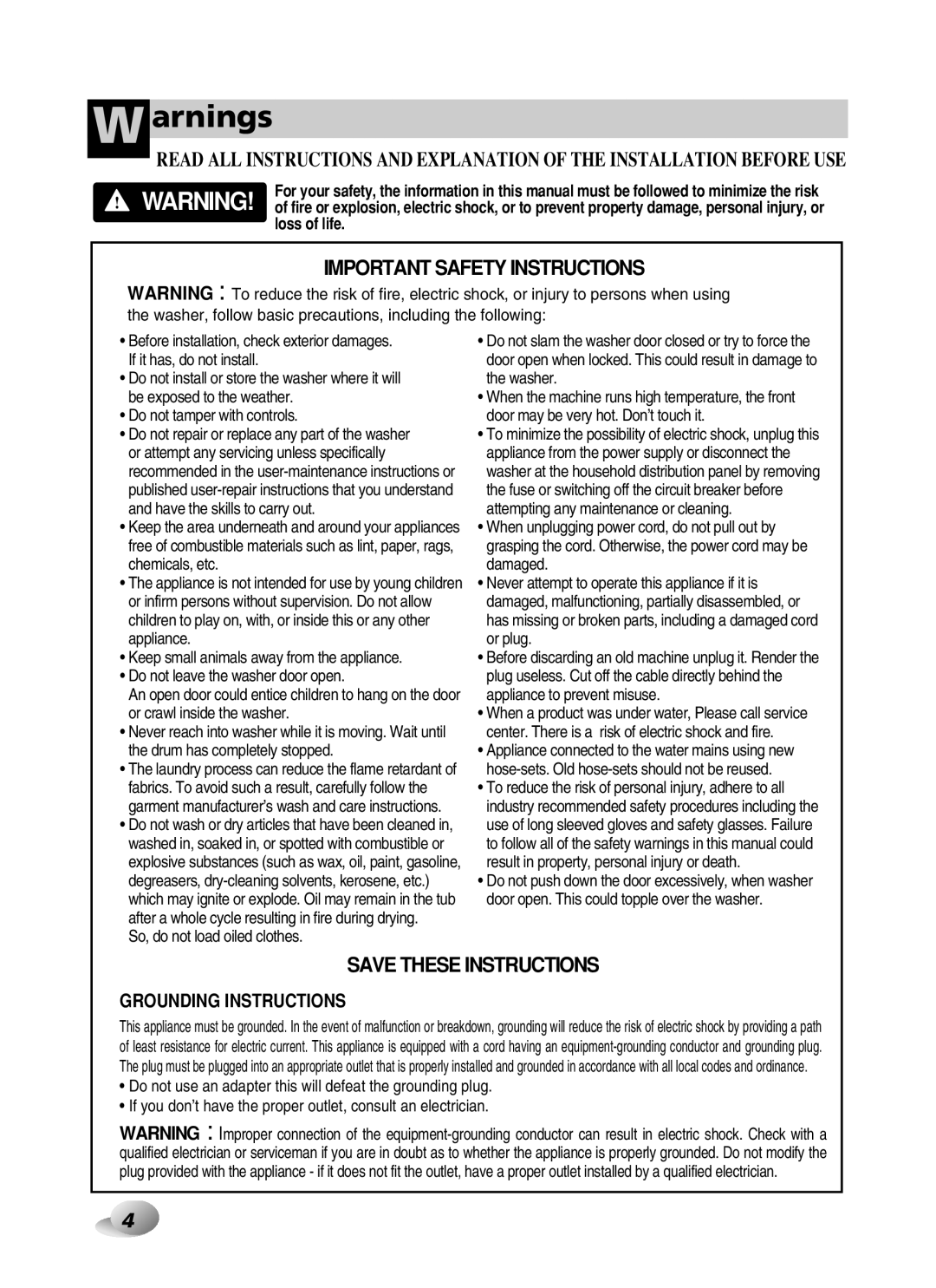 LG Electronics F1443KDS owner manual Arnings, Loss of life 