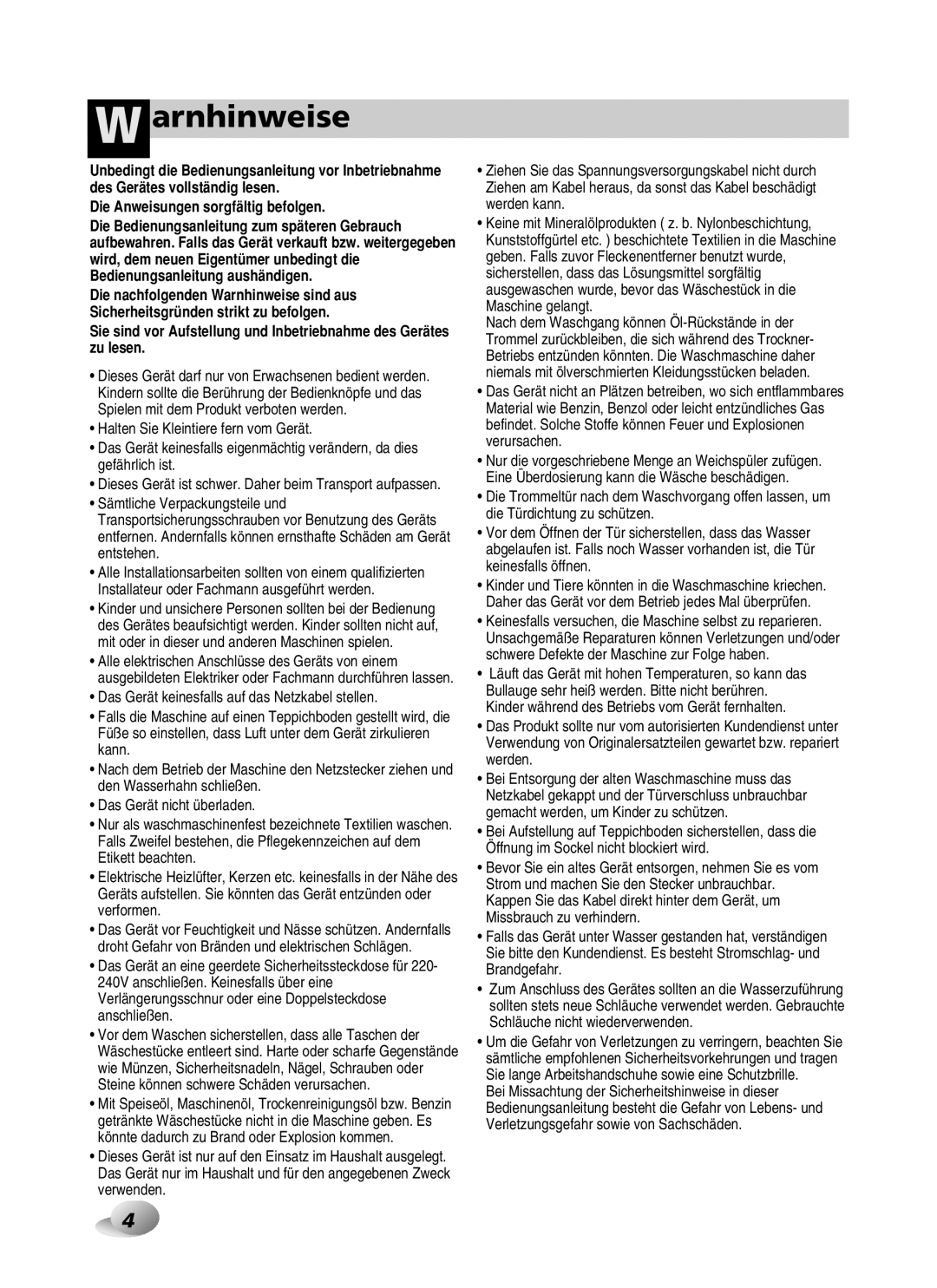 LG Electronics F1443KDS owner manual Arnhinweise, Die Anweisungen sorgfältig befolgen 