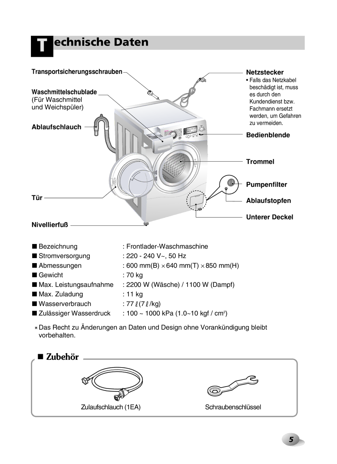 LG Electronics F1443KDS owner manual Echnische Daten, Transportsicherungsschrauben Waschmittelschublade, Zulaufschlauch 1EA 