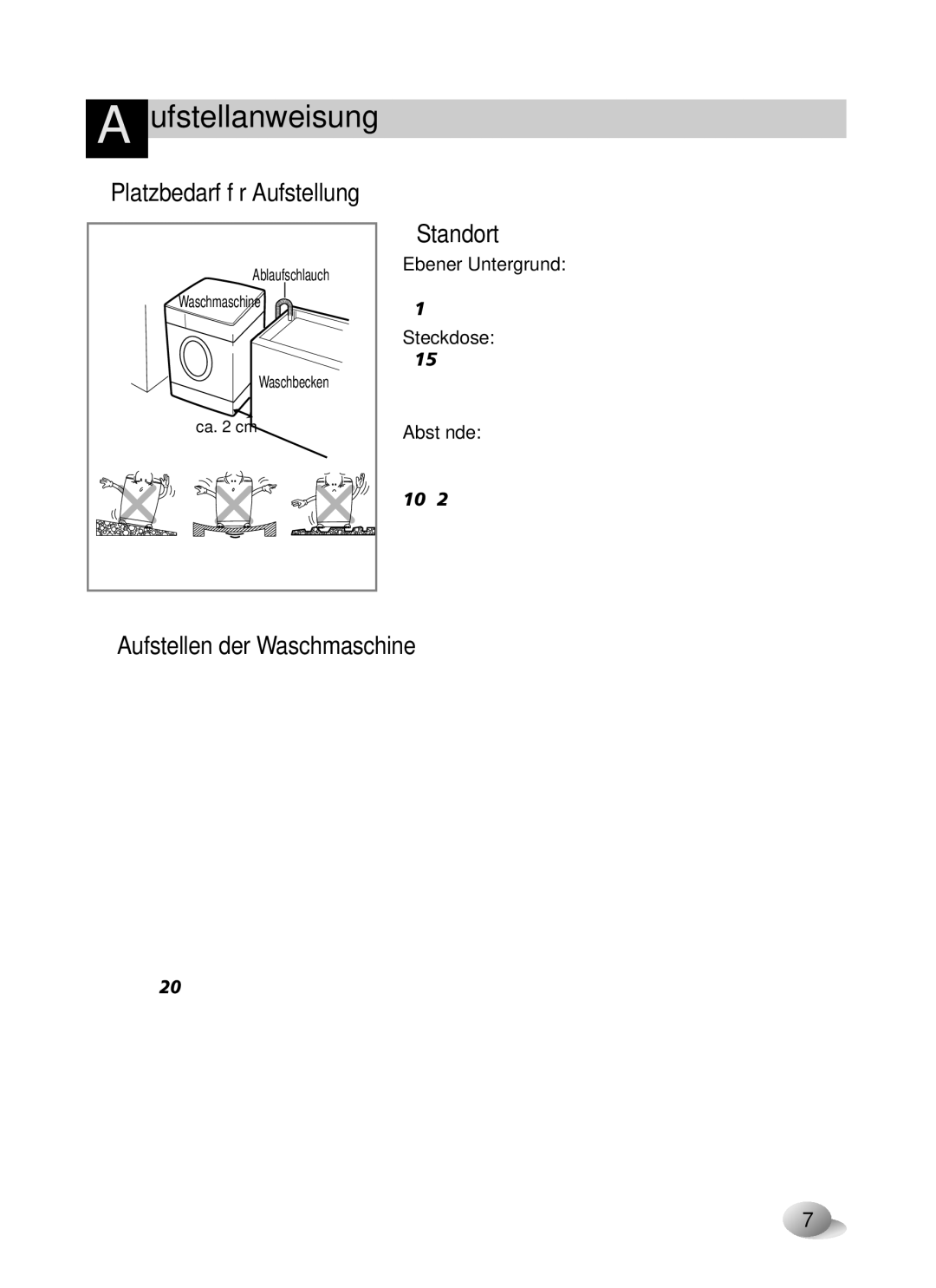 LG Electronics F1443KDS owner manual Platzbedarf für Aufstellung, Standort, Aufstellen der Waschmaschine, Abstände 