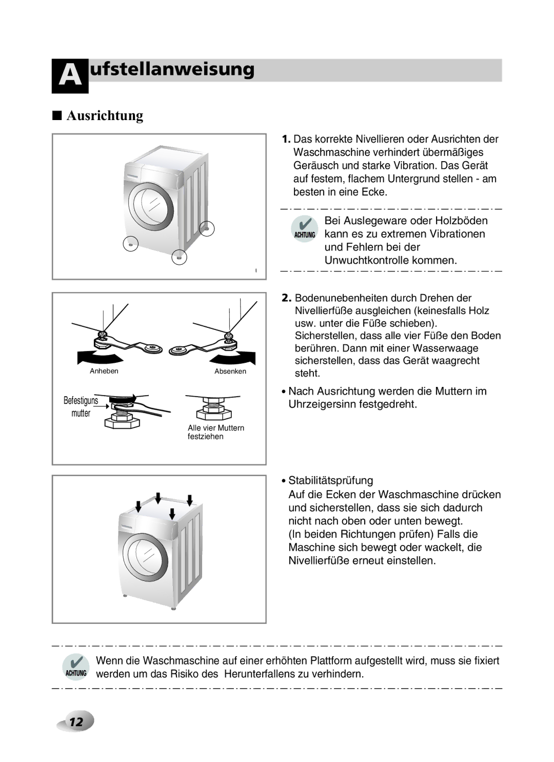 LG Electronics F1443KDS owner manual Ausrichtung 