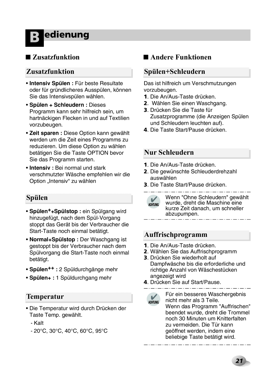 LG Electronics F1443KDS owner manual Temperatur, Andere Funktionen Spülen+Schleudern, Nur Schleudern, Auffrischprogramm 