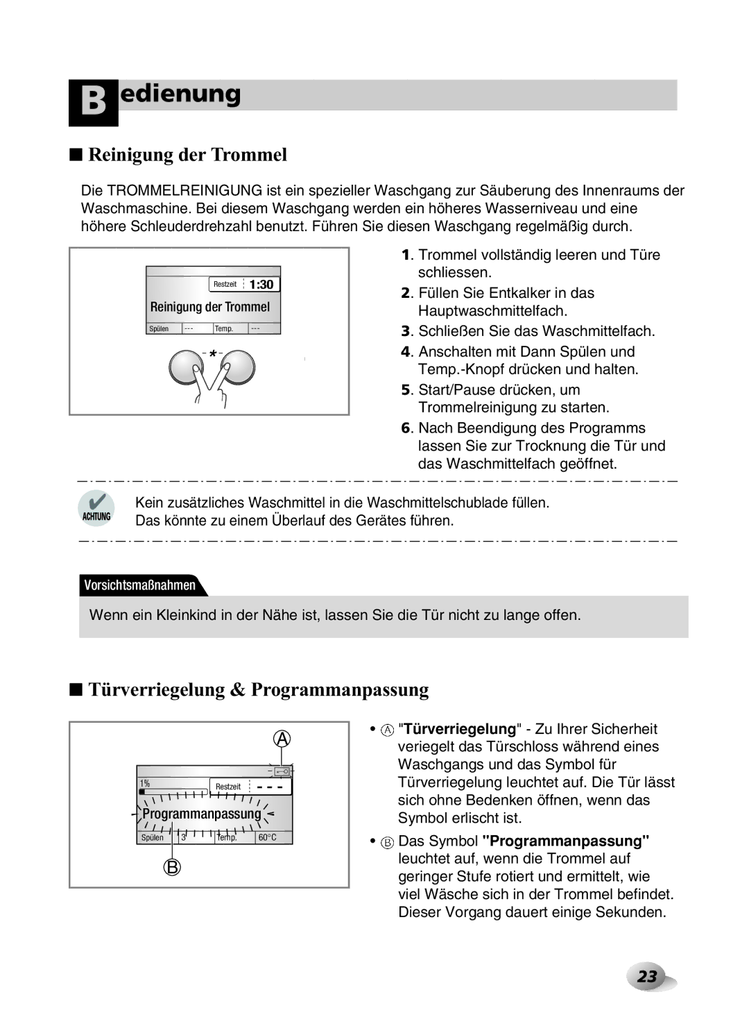 LG Electronics F1443KDS owner manual Reinigung der Trommel, Türverriegelung & Programmanpassung 