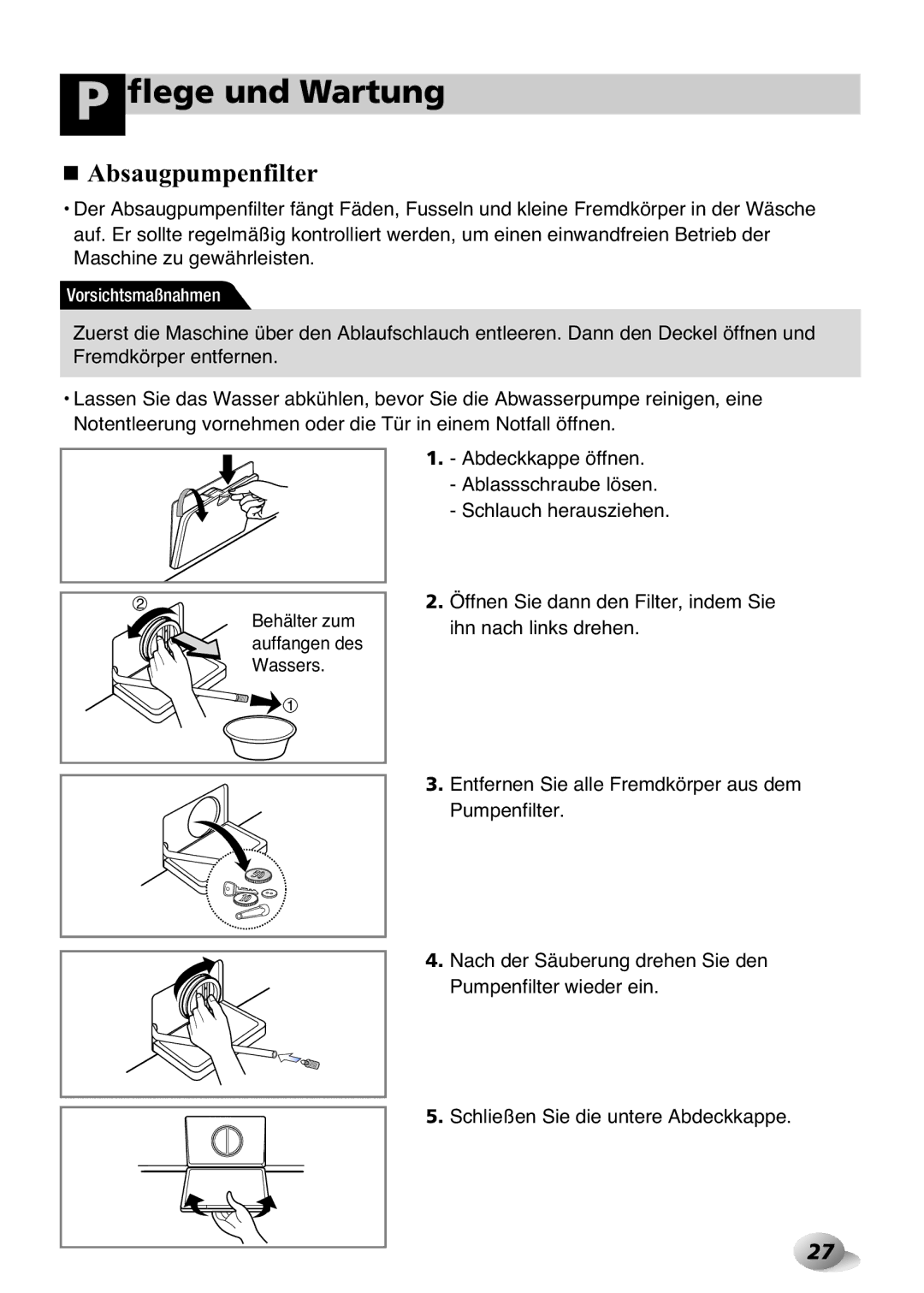 LG Electronics F1443KDS owner manual Absaugpumpenfilter 