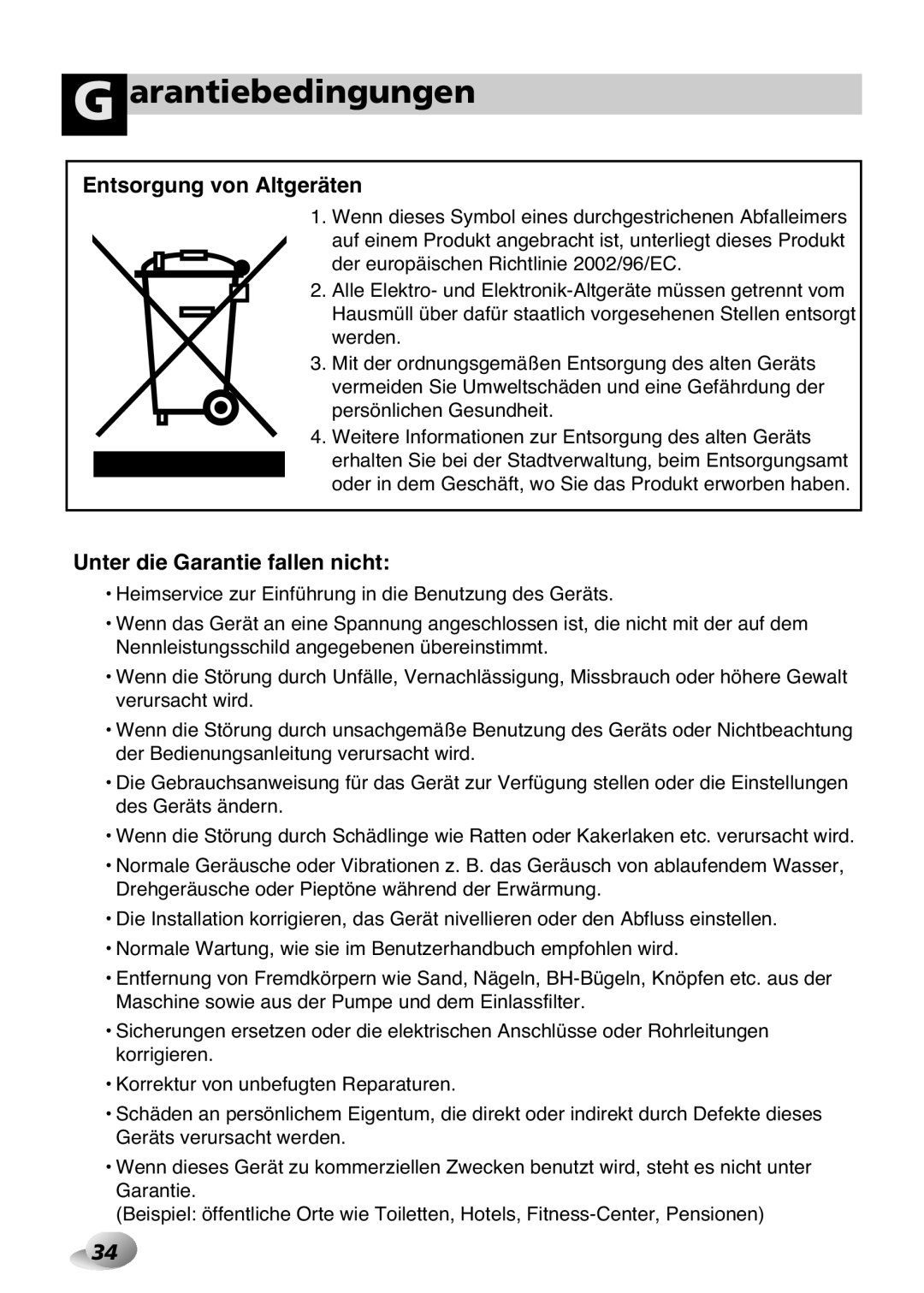 LG Electronics F1443KDS owner manual Arantiebedingungen, Entsorgung von Altgeräten 