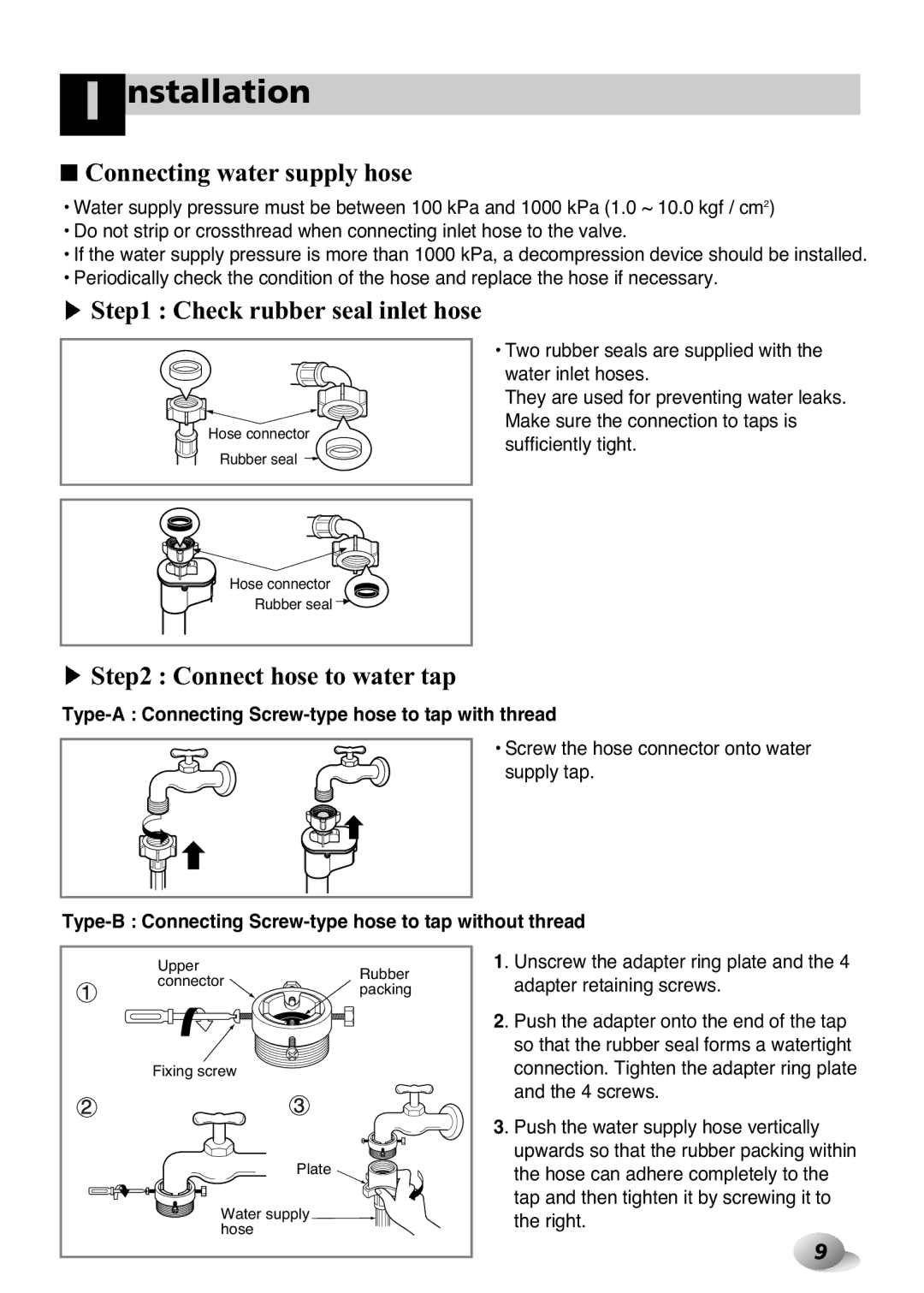 LG Electronics F1443KDS owner manual Connecting water supply hose, Check rubber seal inlet hose, Connect hose to water tap 