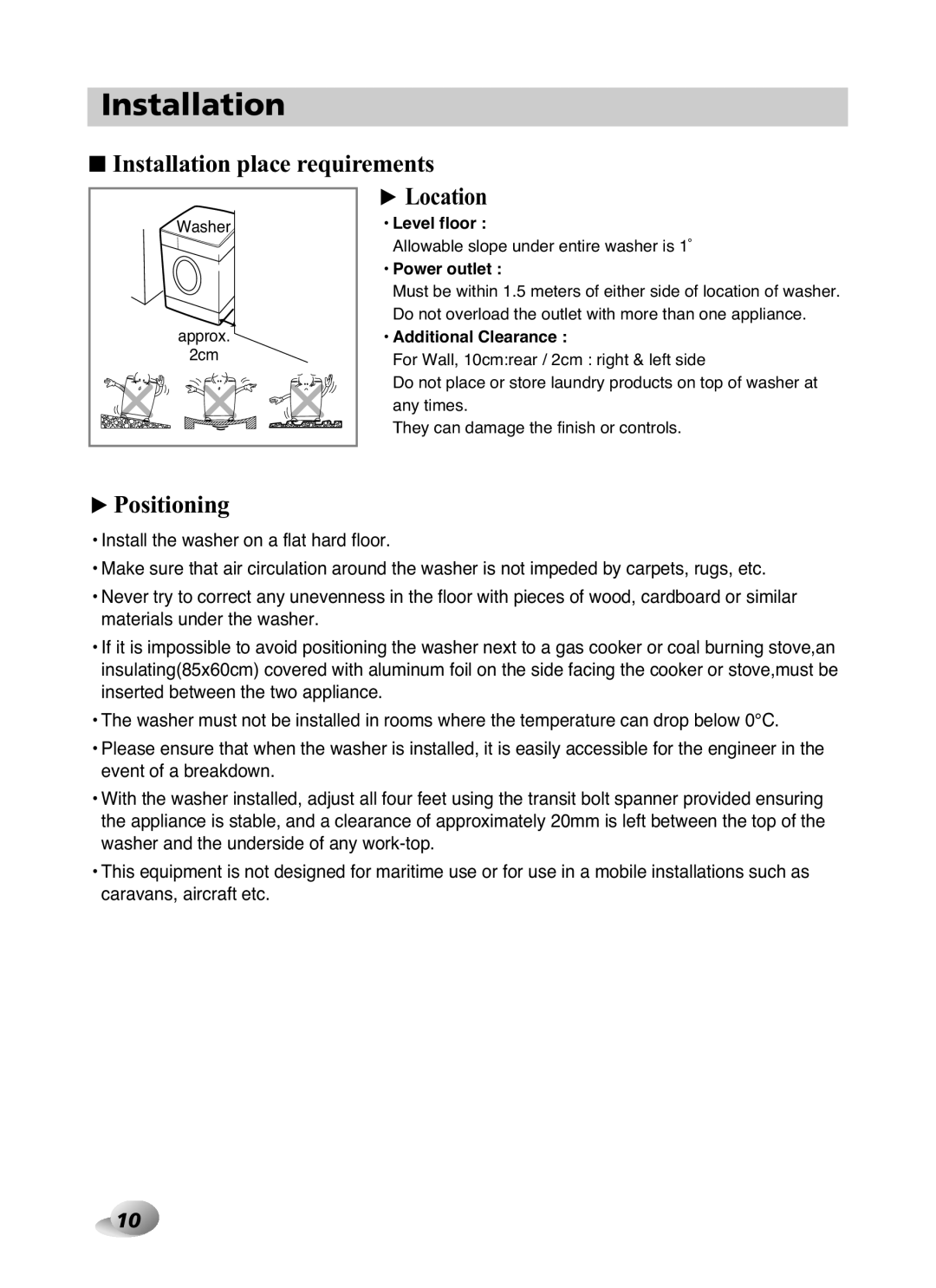 LG Electronics F1480RD owner manual Installation place requirements, ❿ Location, ❿Positioning 