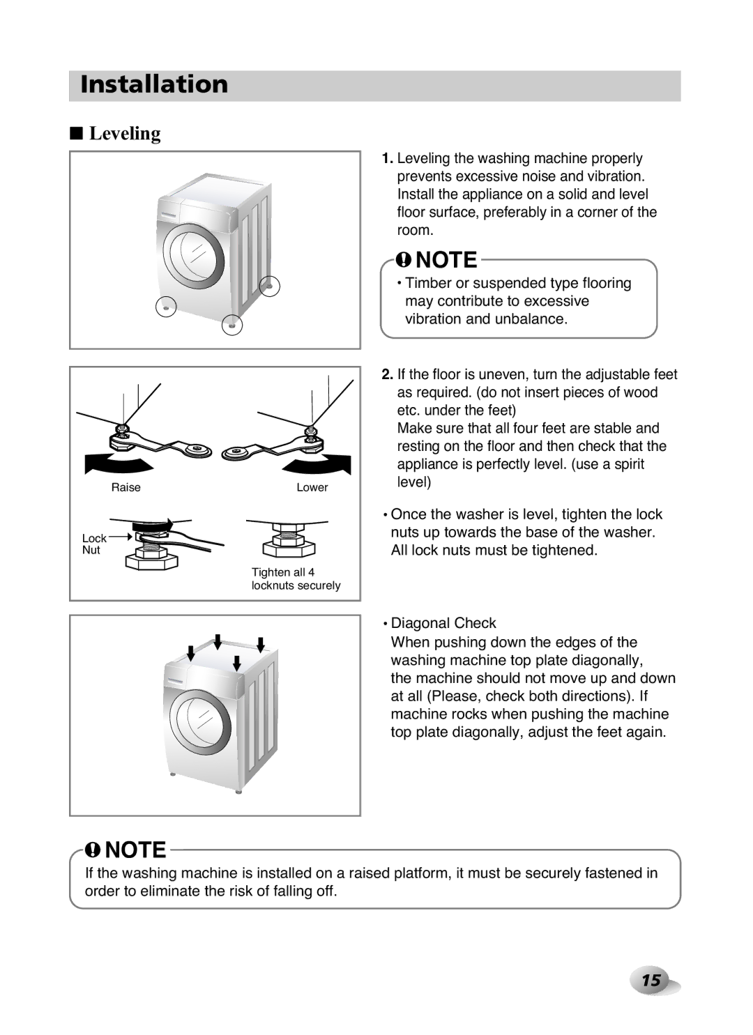 LG Electronics F1480RD owner manual Leveling 