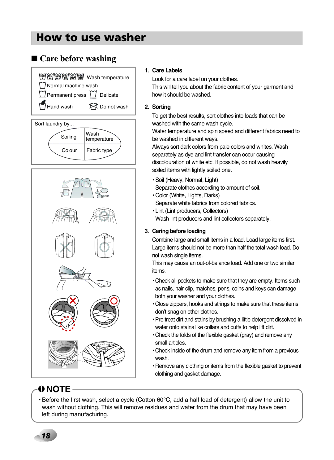 LG Electronics F1480RD owner manual Care before washing, Care Labels, Sorting, Caring before loading 