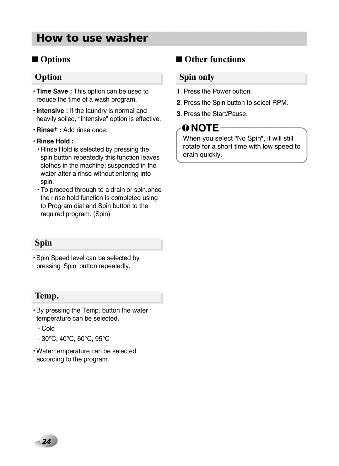 LG Electronics F1480RD owner manual Temp, Other functions Spin only, Rinse+ Add rinse once, Rinse Hold 