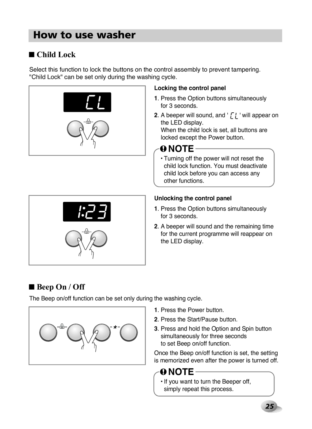 LG Electronics F1480RD owner manual Child Lock, Beep On / Off, Locking the control panel, Unlocking the control panel 