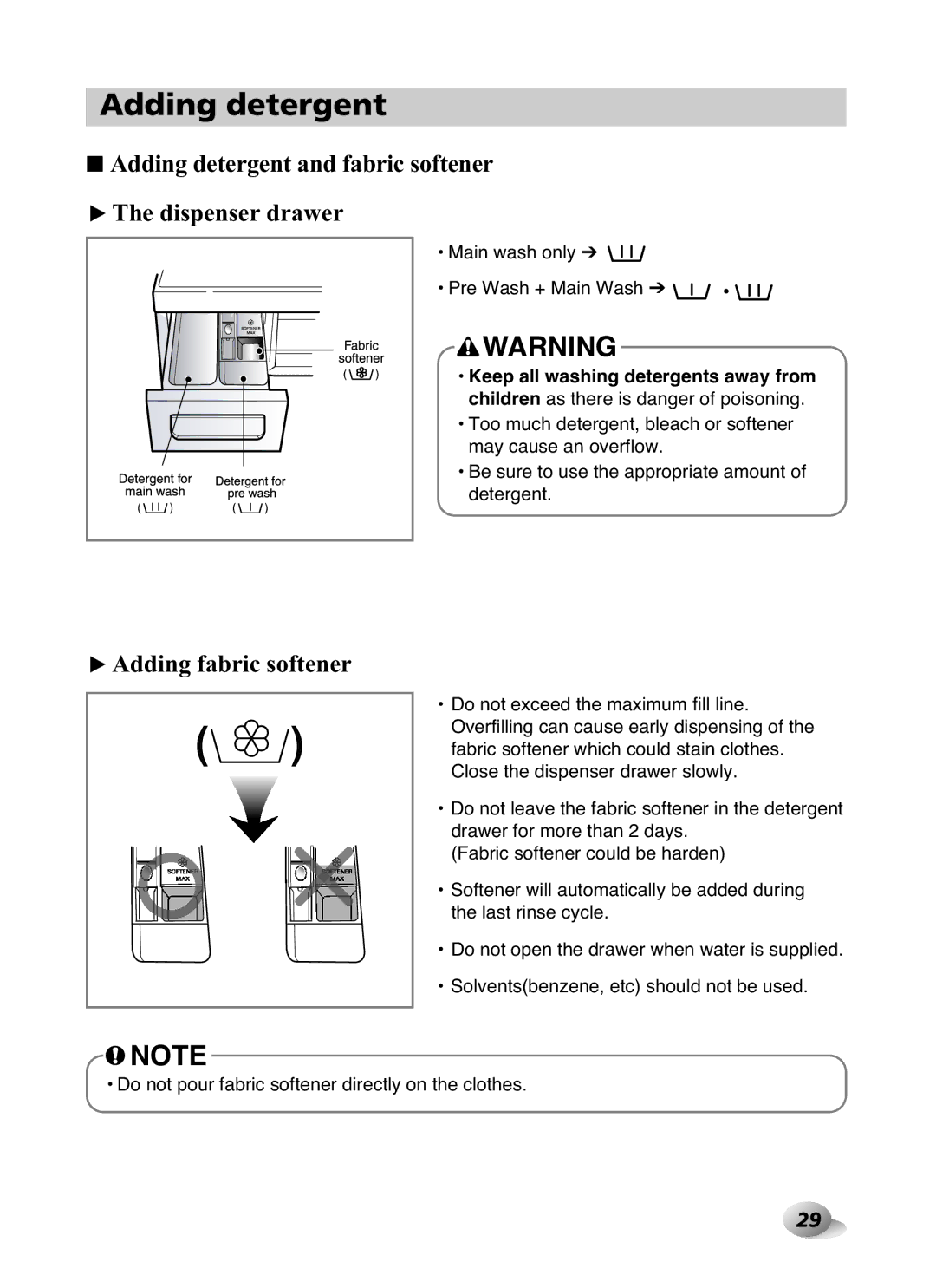 LG Electronics F1480RD Adding detergent and fabric softener ❿The dispenser drawer, ❿Adding fabric softener 