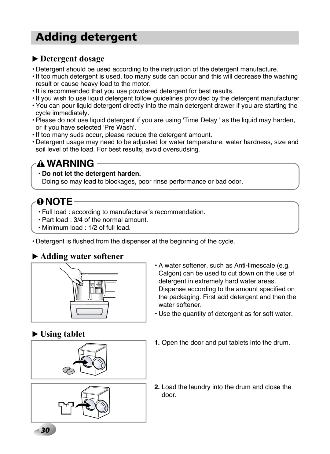 LG Electronics F1480RD ❿Detergent dosage, ❿Adding water softener, ❿Using tablet, Do not let the detergent harden 