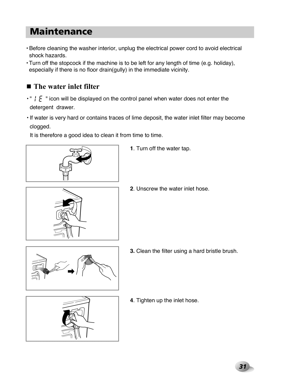 LG Electronics F1480RD owner manual Maintenance, Water inlet filter 