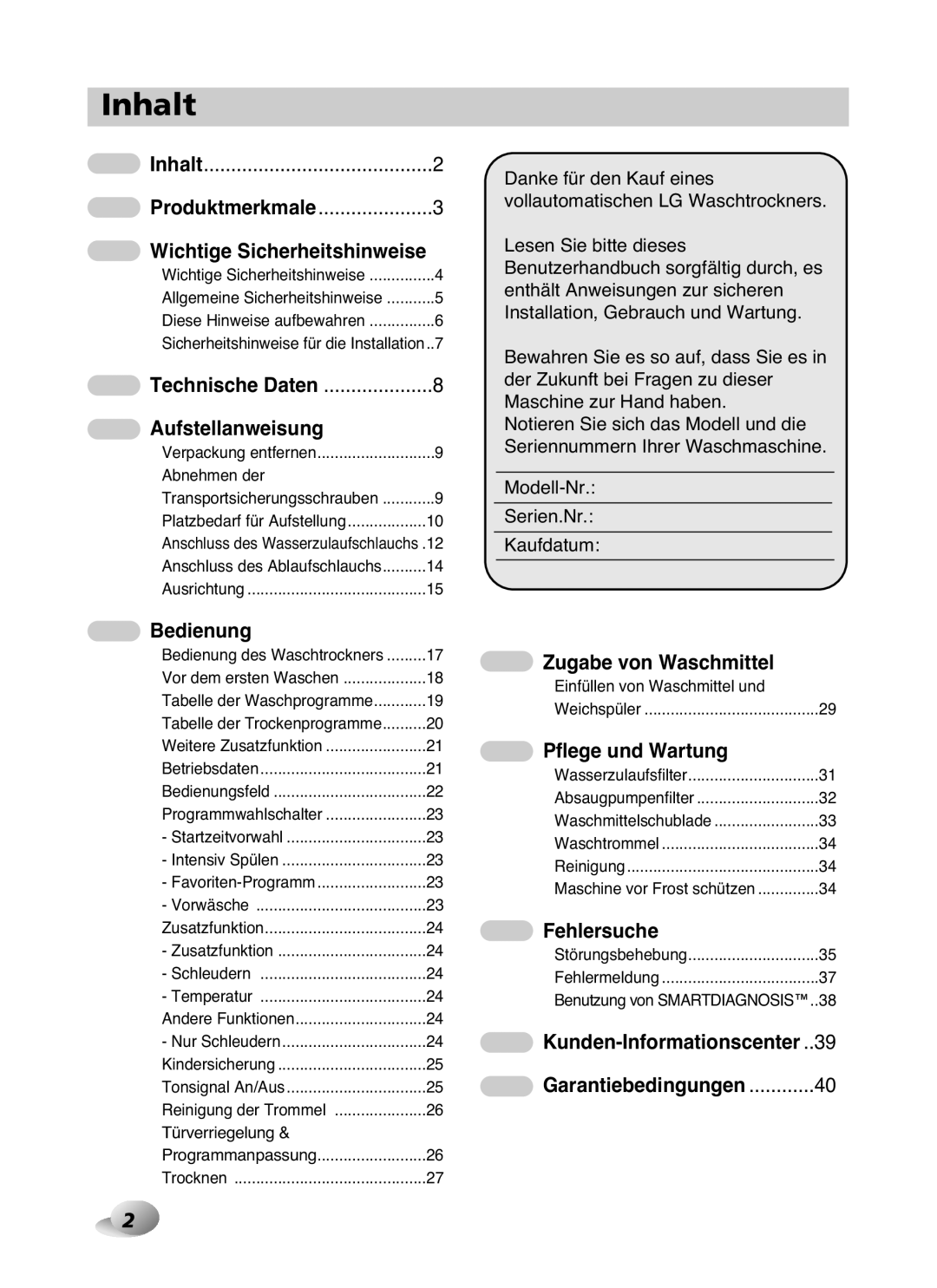 LG Electronics F1480RD owner manual Inhalt, Wichtige Sicherheitshinweise, Kunden-Informationscenter Garantiebedingungen 