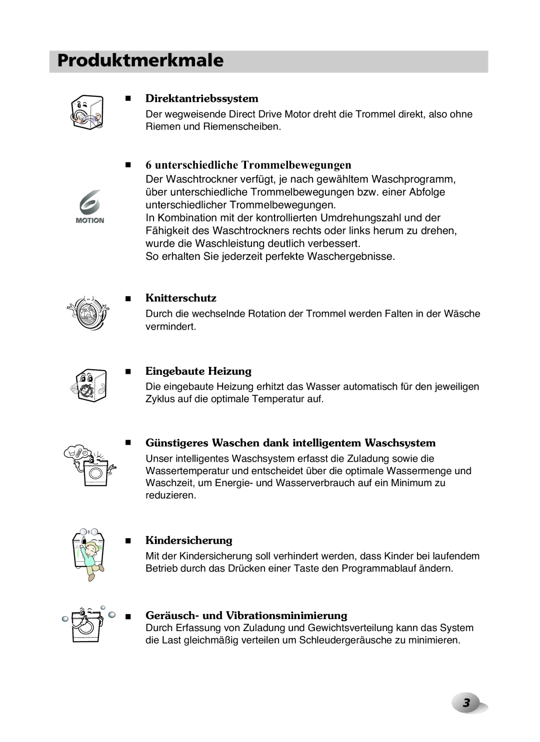 LG Electronics F1480RD owner manual Produktmerkmale, Direktantriebssystem 