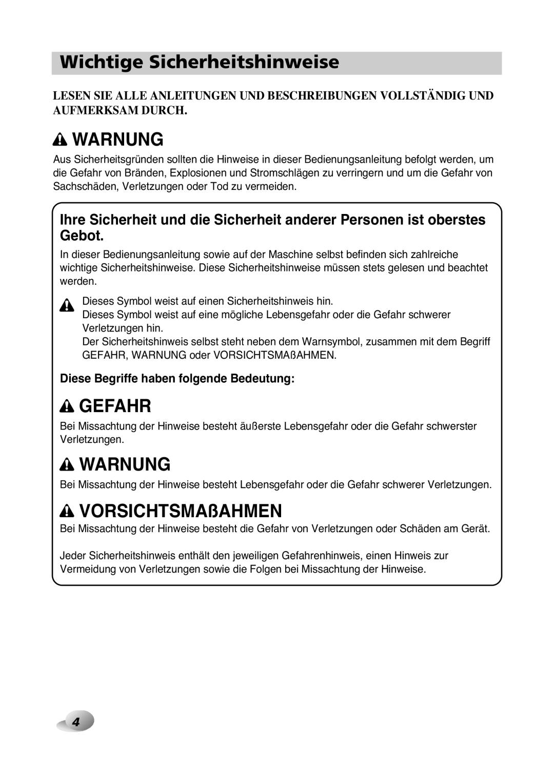 LG Electronics F1480RD owner manual Wichtige Sicherheitshinweise, Warnung 